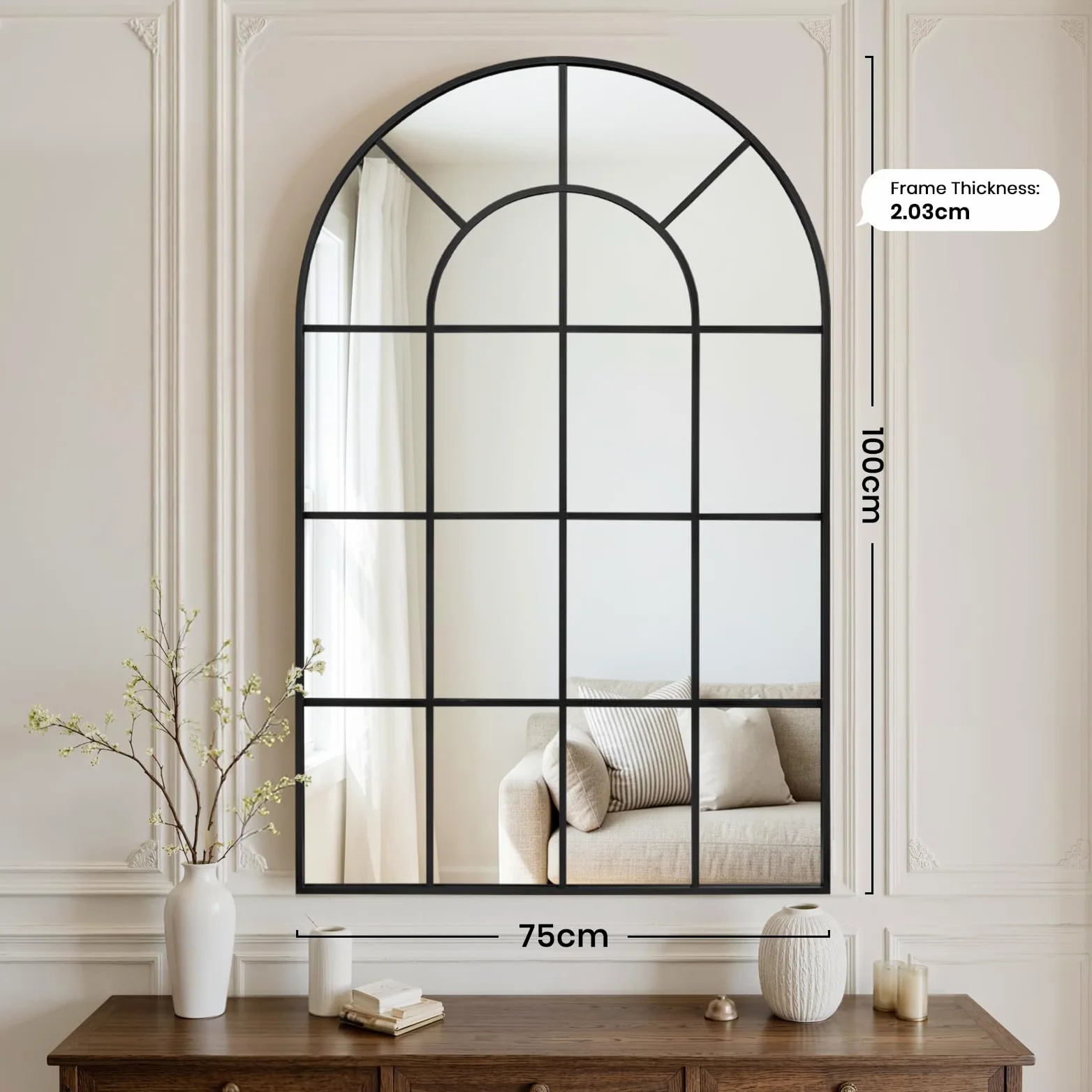 Reflix Specchio da giardino, 100 x 75 cm, specchio da parete decorativo, specchio per finestra con telaio in alluminio, per corridoio, soggiorno, camera da letto, ingresso, nero