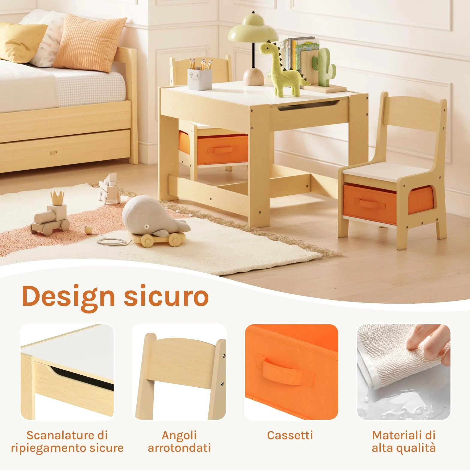 WOLTU Set Mobili con Lavagna Contenitore Tavolo e Sedie per Bambini Soggiorno Tavolino con 2 Sgabelli in Legno