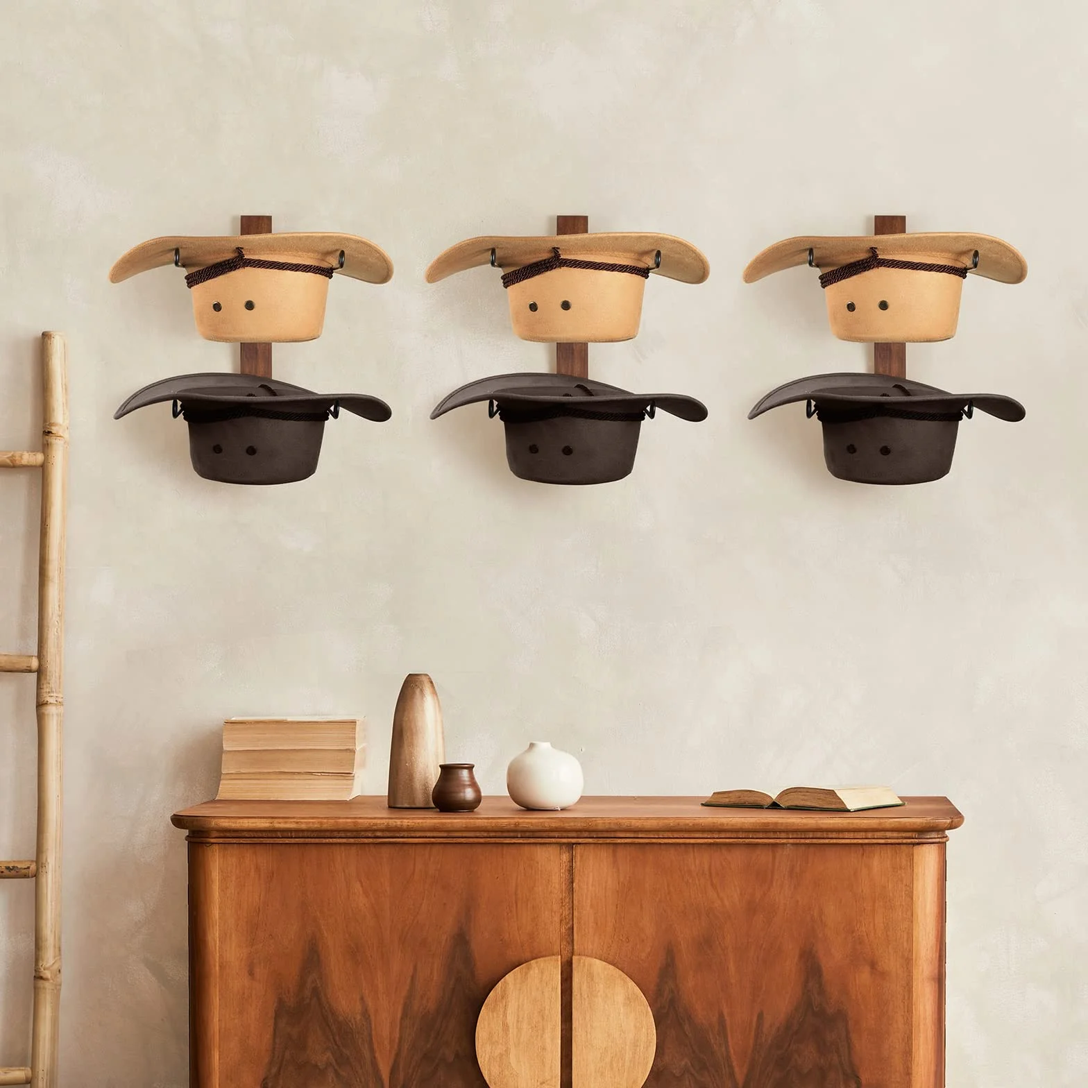 Porta Cappelli da Cowboy 6 Pezzi Bordo Legno Organizer Parete Metallo
