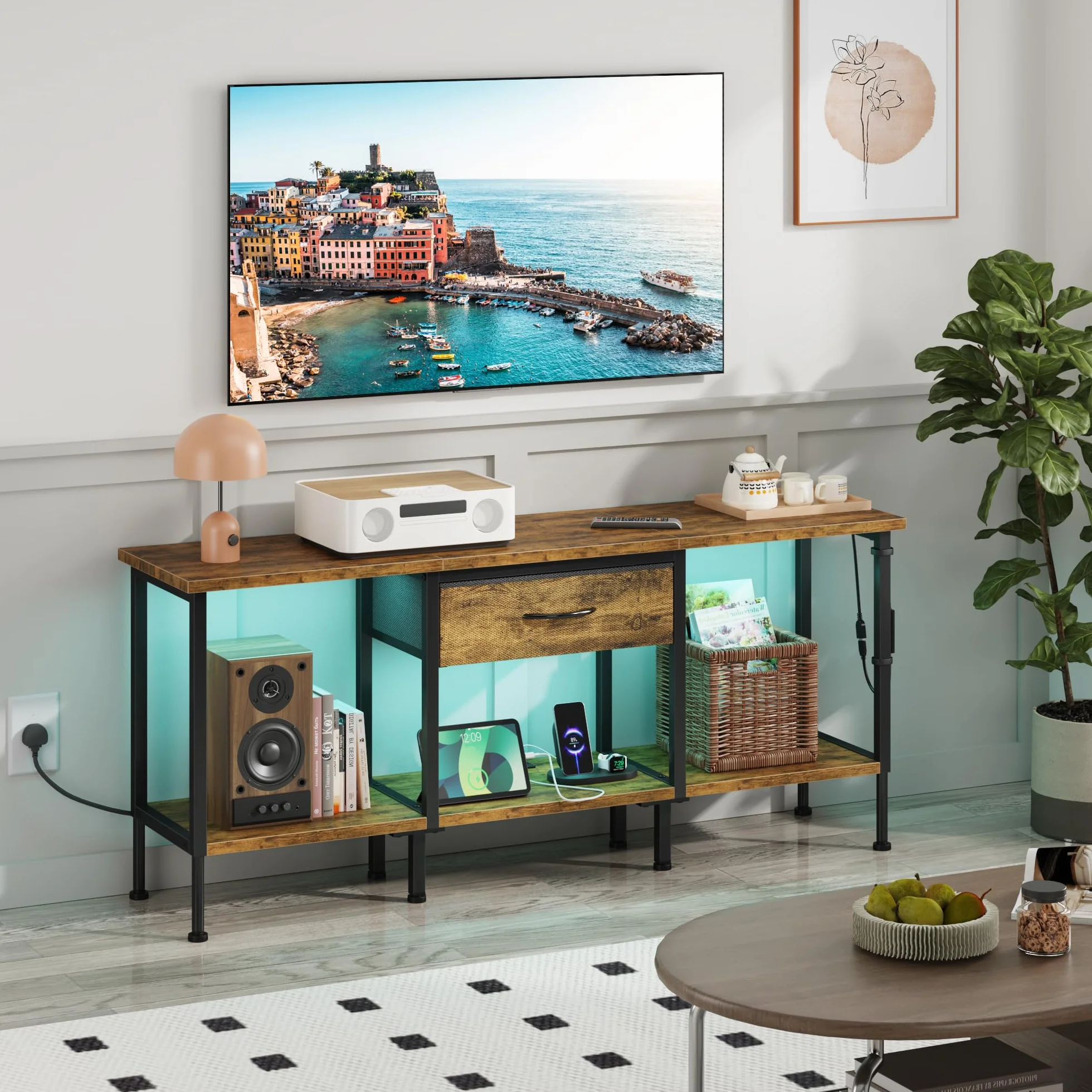 Mobile TV con Presa, Supporto TV con Illuminazione a LED, Cassetto in Tessuto e Ripiani Aperti, 120 cm Mobile TV per TV fino a 55″ per Soggiorno e Camera da Letto, Marrone Rustico