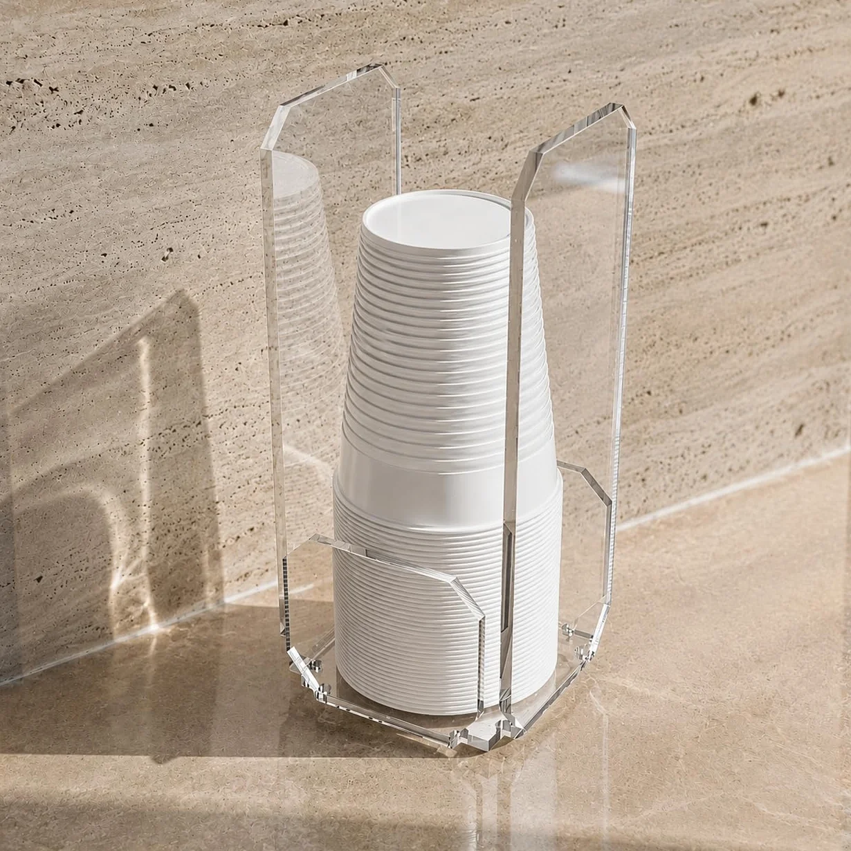 Portabicchieri plastica vetro acrilico trasparente modello Musa, porta bicchieri da tavolo buffet design moderno, made in Italy