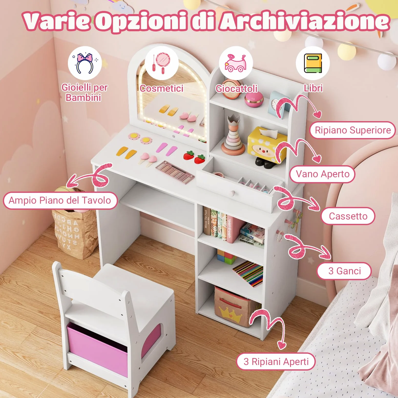 COSTWAY Toeletta Trucco per Bambina con Sgabello, Tavolo Trucco in Legno con Specchio Luci LED, Ripiani Aperti, 3 Ganci e Cassetto, Set Mobile da Principessa con 5 Giocattoli per 3+ Anni (Bianco)