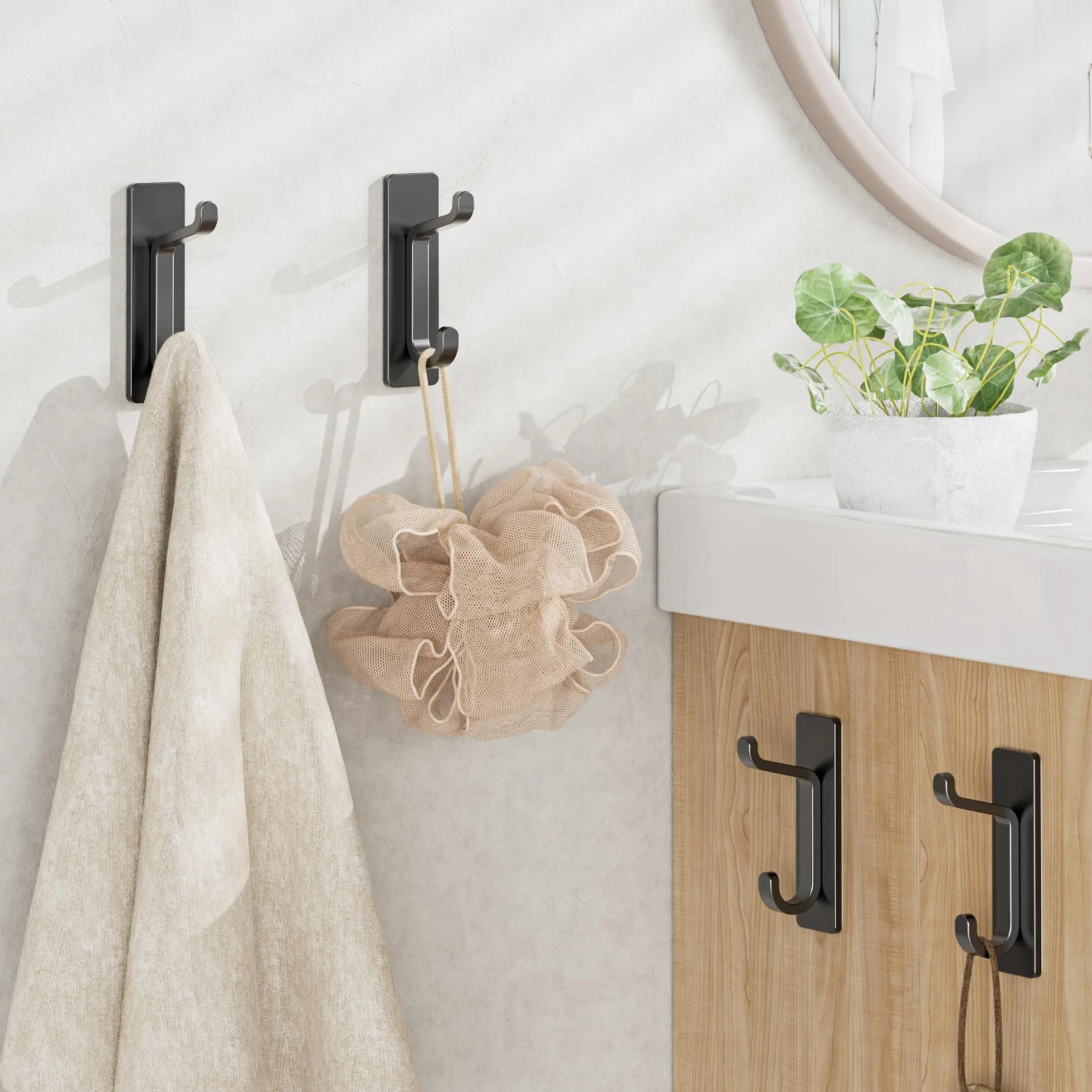 Josmimic Porta asciugamani senza foratura: ganci adesivi extra resistenti da 6 kg, ganci da parete autoadesivi, ganci per cappelli per bagno, ganci per asciugamani e appendiabiti, set da 4, nero