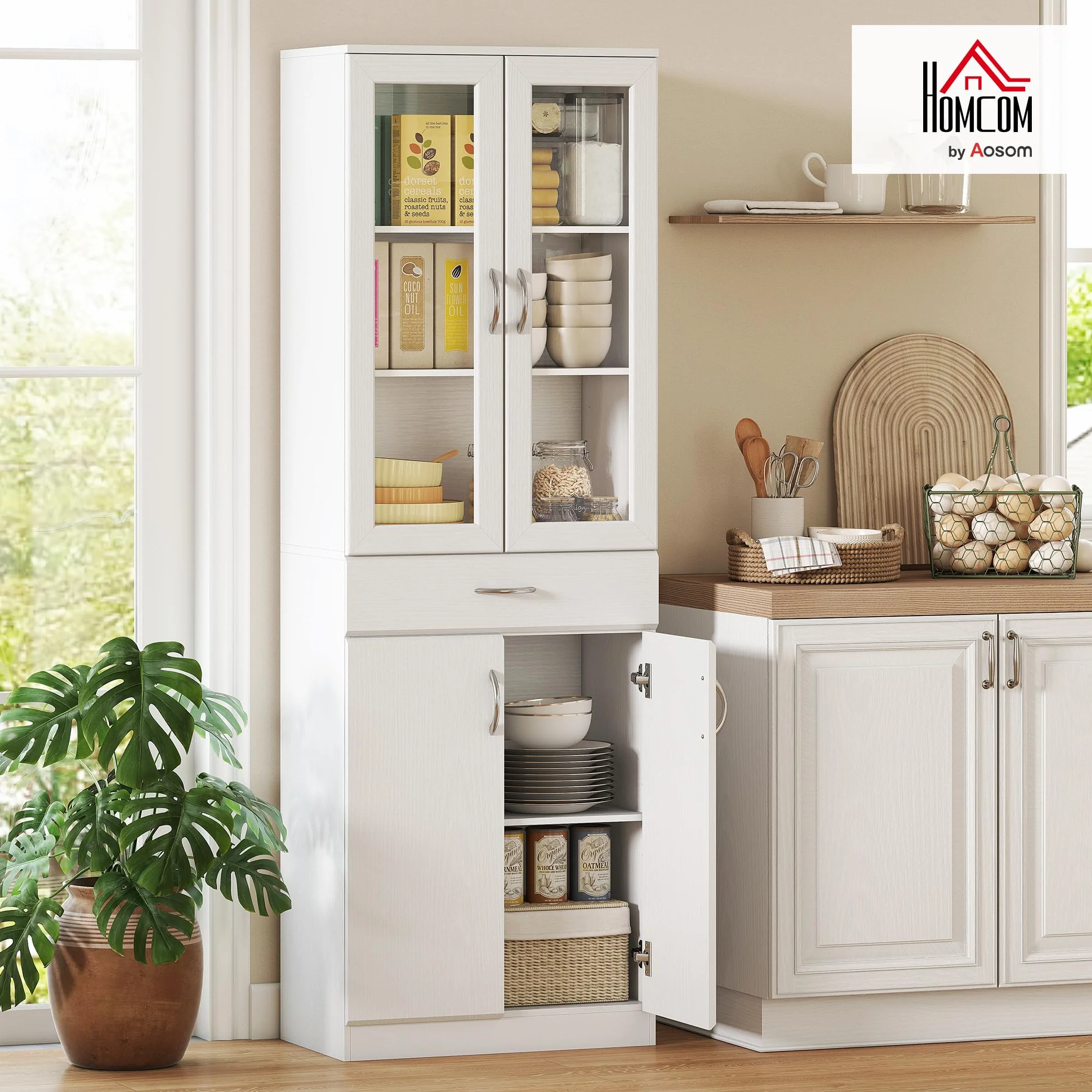 HOMCOM Credenza Cucina Alta 180cm, Mobile Dispensa con Ante in Vetro Soft-Close, Cassetto, 2 Armadietti, Ripiani Regolabili, Mobile Cucina Moderno per Sala da Pranzo Soggiorno, Bianco