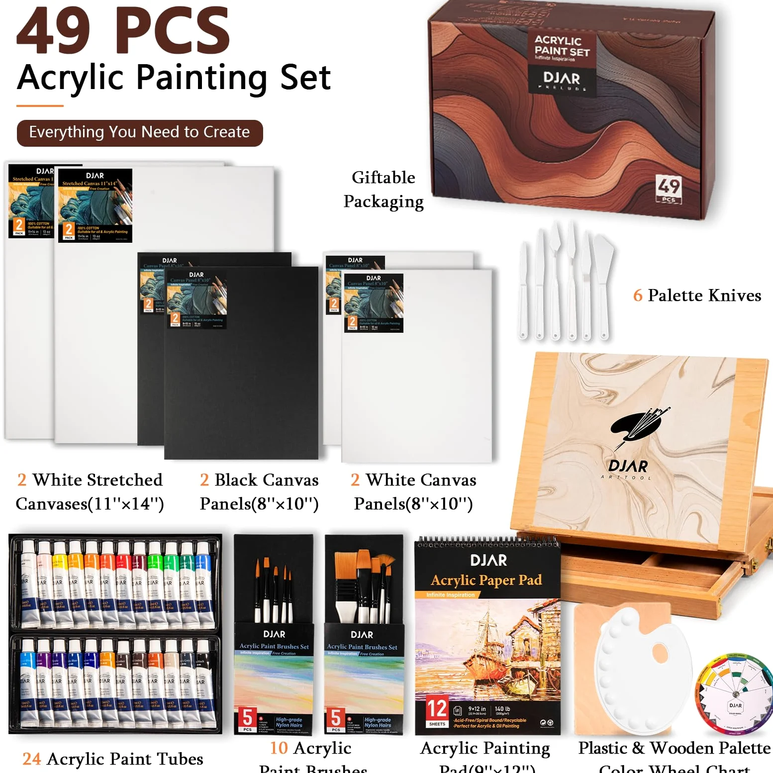 DJAR Set di 50 colori acrilici con cavalletto da tavolo, 24 colori acrilici, album da disegno, blocchi per pittura e kit completo di forniture artistiche acriliche per adulti, adolescenti e
