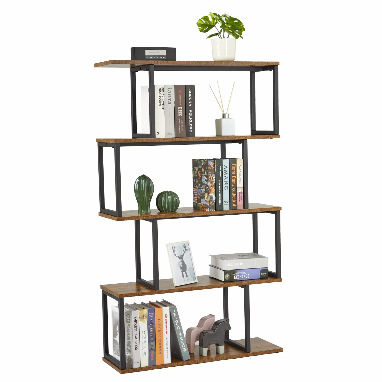 Mondeer Libreria a forma di S, Scaffale Portaoggetti, Libreria a 4 Ripiani, Libreria in Stile Industriale, con Struttura in Metallo, 76 x 24 x127.5cm, per Soggiorno e Ufficio, Marrone