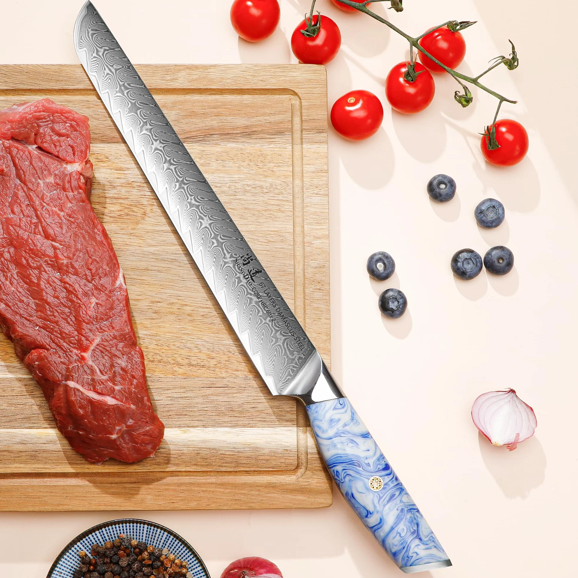 SHANGDAO Coltello per affettare Brisket 10 pollici Acciaio damasco forgiato VG 10 Codolo completo