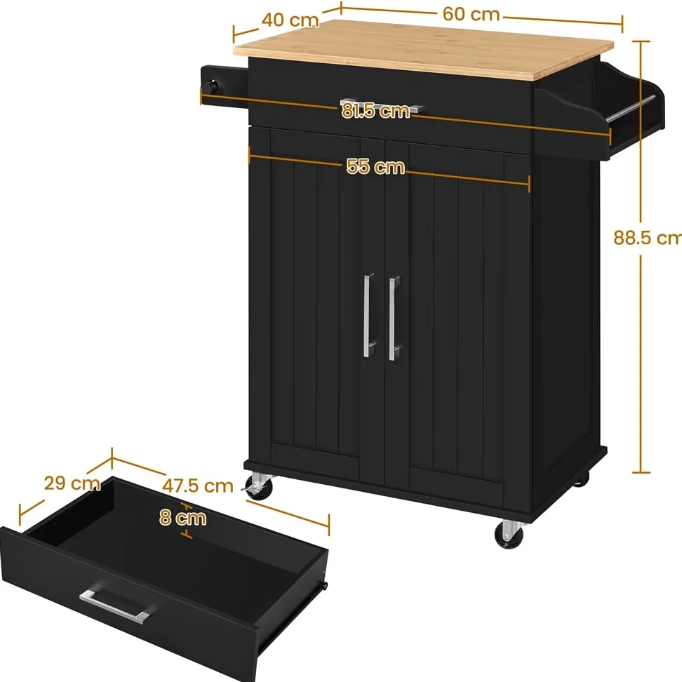 Yaheetech Carrello da Cucina con Ruote Cassetto a 2 Ante Piano di Lavoro Carrellino Salvaspazio con Portasciugamani e Portaspezie Moderno Porta Microonde 91,5 x 66 x 45,5 cm Nero