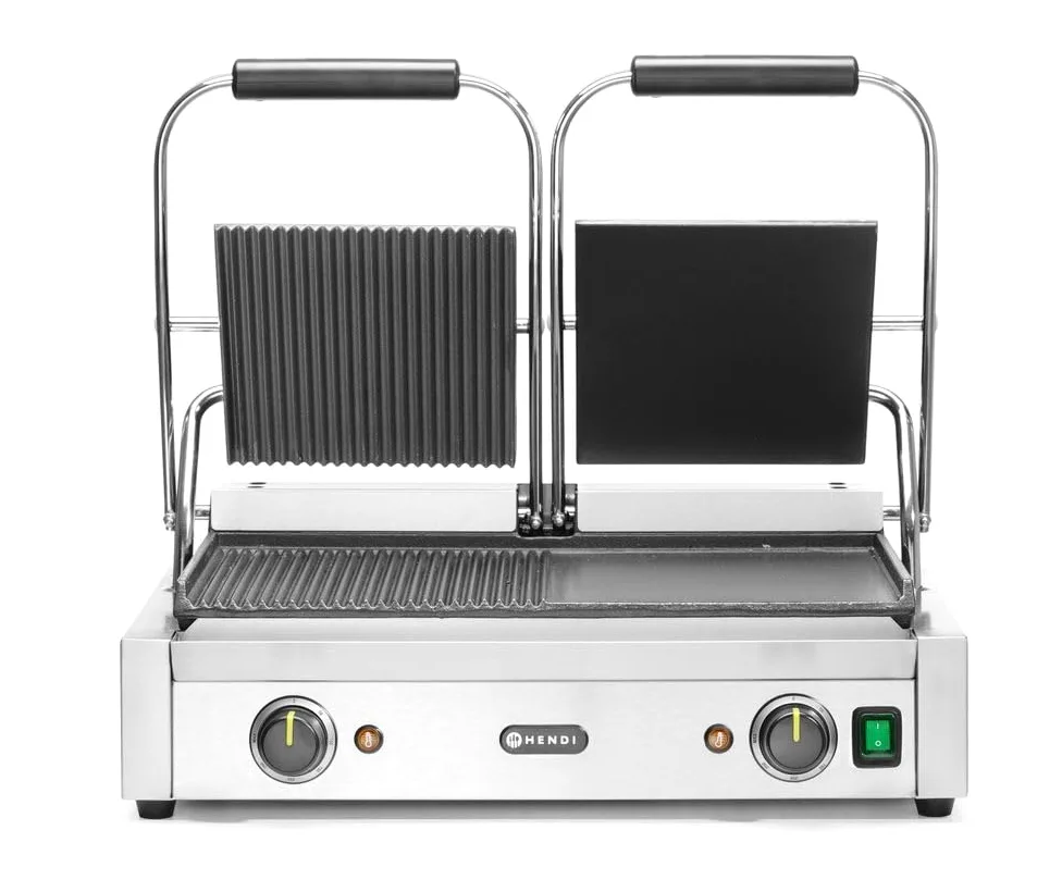 HENDI Piastra Elettrica a Contatto Doppia, Grill/Griglia Panini Professionale, Piastre Liscia e Rigata in Ghisa Smaltata, 230V, 3600W, 570x375x(H)216mm, Acciaio Inox
