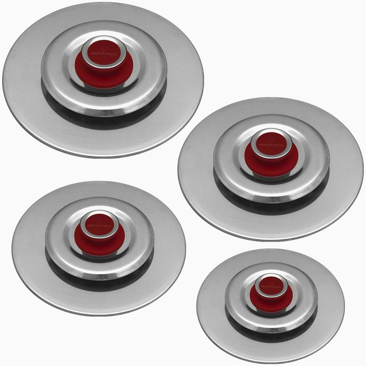 Kit 4 Coperchi Magici Antiodore Ventur Magic Ø25, Ø27, Ø31, Ø35 cm Cooker in Acciaio Inox Pomello Rosso