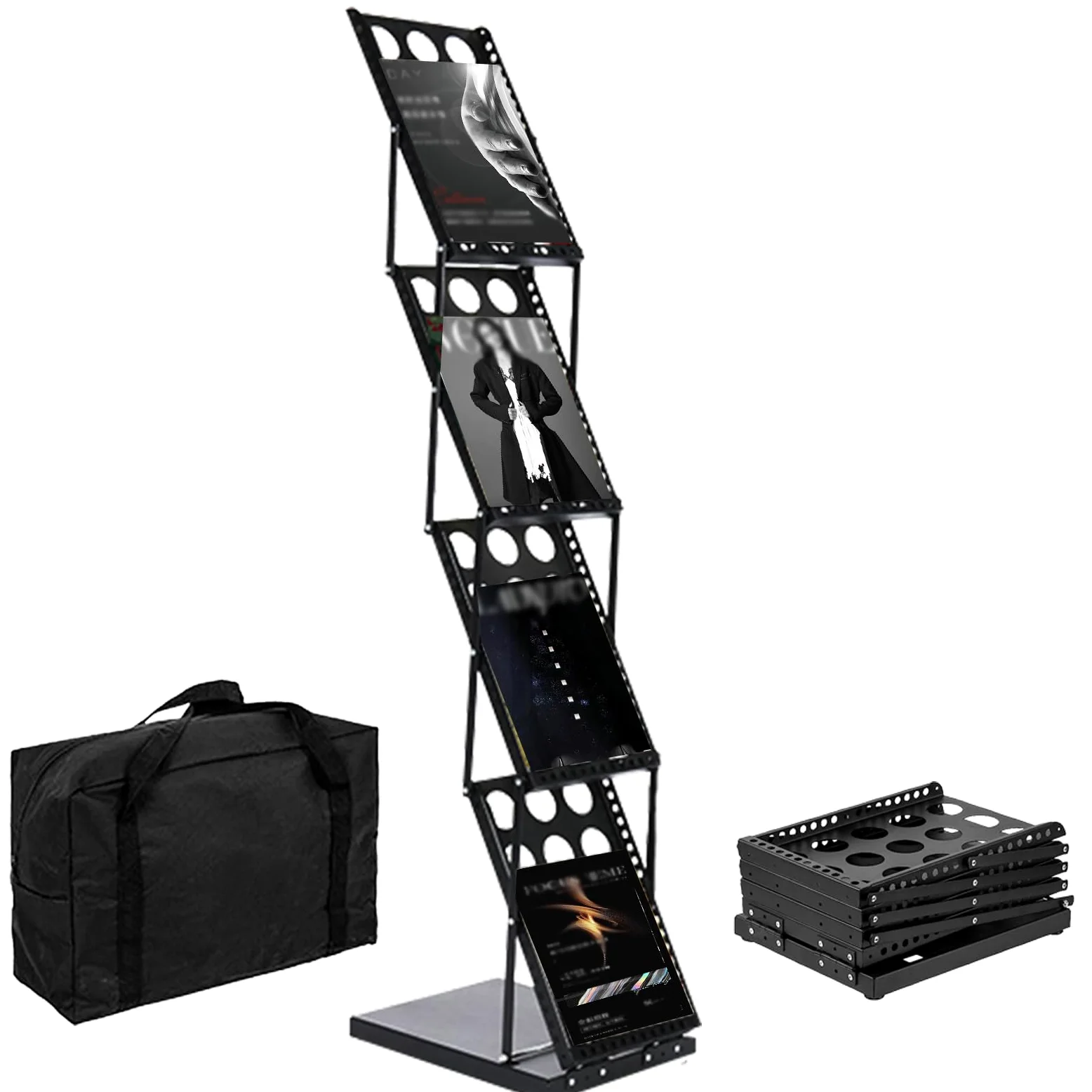 Supporto per catalogo pieghevole a 4 ripiani con custodia Oxford, compatibile con A4, in ferro, per opuscoli, opuscoli, riviste (nero)