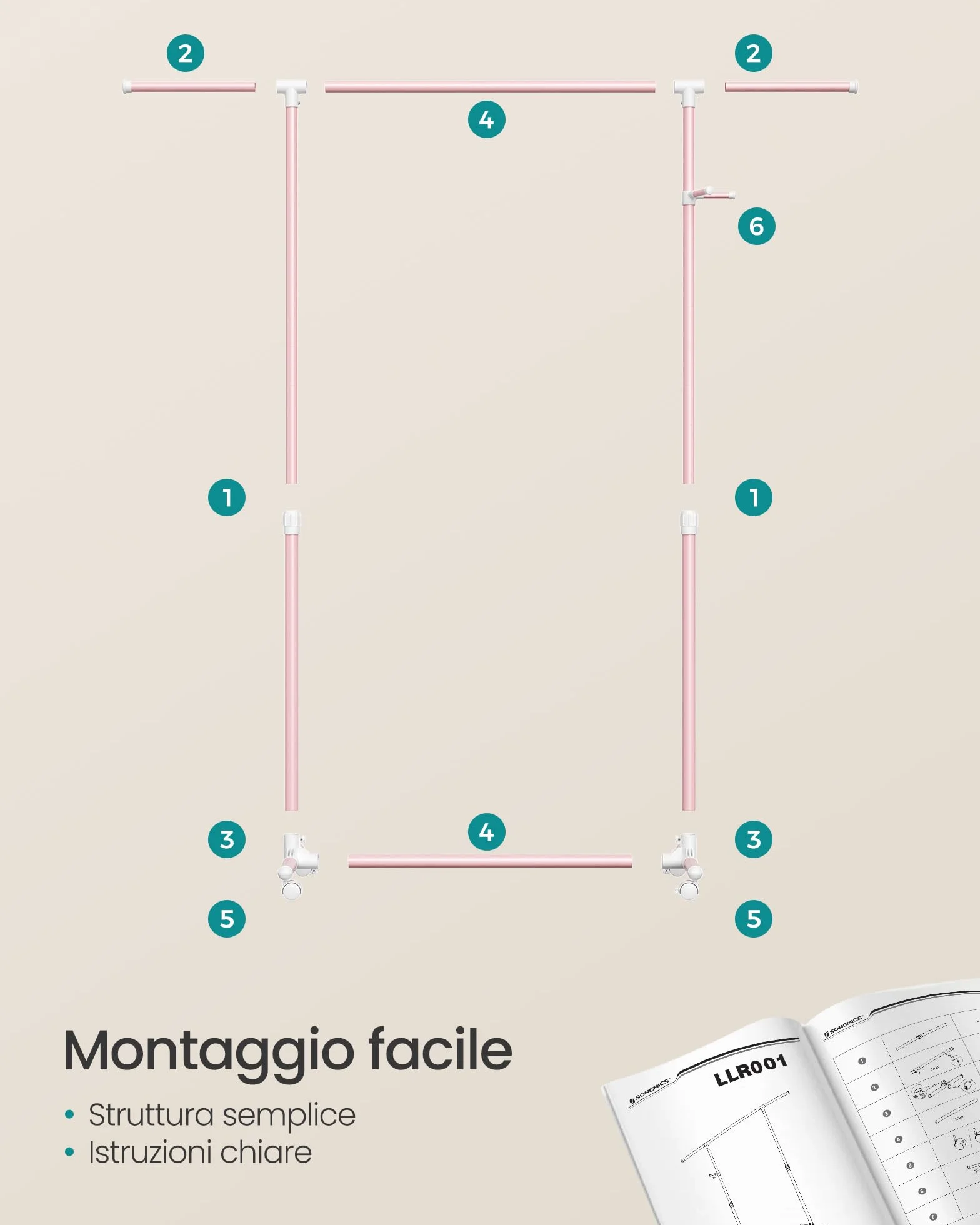 SONGMICS Stand Appendiabiti con Ruote, Attaccapanni Regolabile 97-165 cm, Rosa Pastello LLR001R02