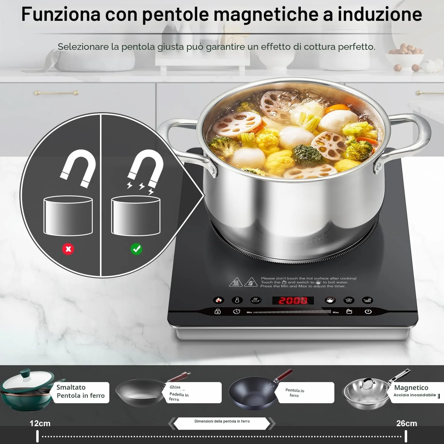 AMZCHEF 2000W Piastra Induzione 1 Fuoco, Piano Cottura Induzione Portatile, 4cm Design Sottile, Funzionamento Silenzioso (≤42dB), 9 Livelli di Potenza e Temperatura, 4 Programmi Automatici, Grigio