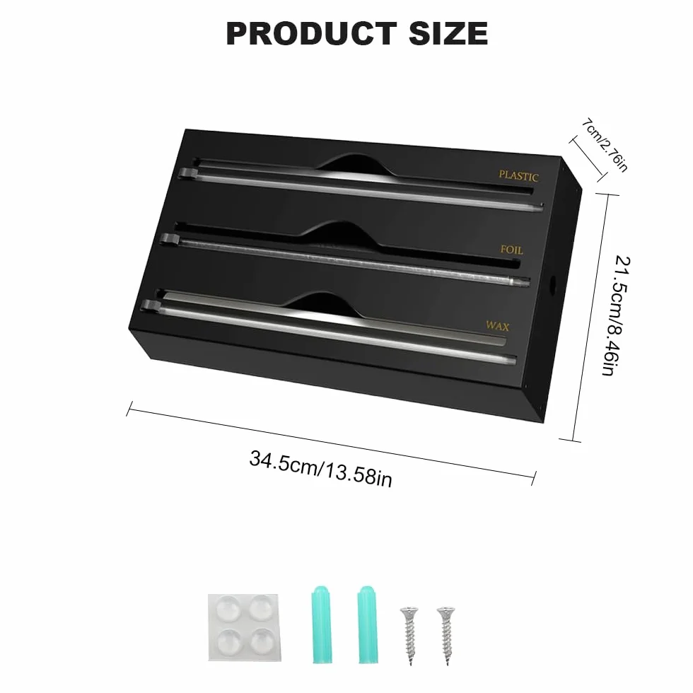 Dispenser di Pellicole in Acrilico Dispenser per Pellicola e Alluminio 34,5 x 21,6 x 7cm Dispenser Di Fogli Di Alluminio per Organizer da Cucina, Nero