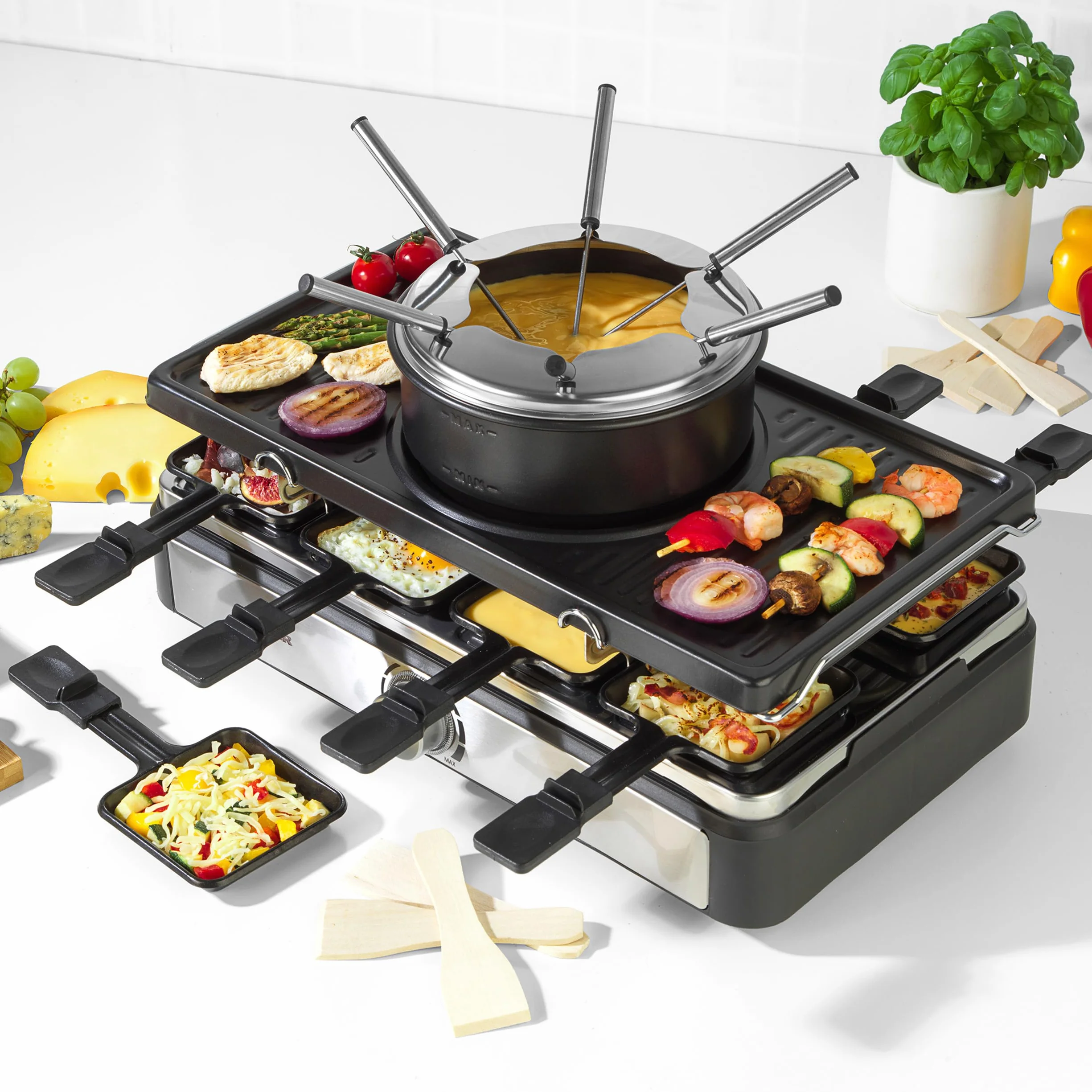 Salter Electric Raclette Grill & Fondue - 2 in 1 Griglia da Interno, Pentola per Sciogliere da 1,3L, Fonduta di Formaggio, 6 Forchette, Temperatura Regolabile, 8 Padelle e Spatole Antiaderenti