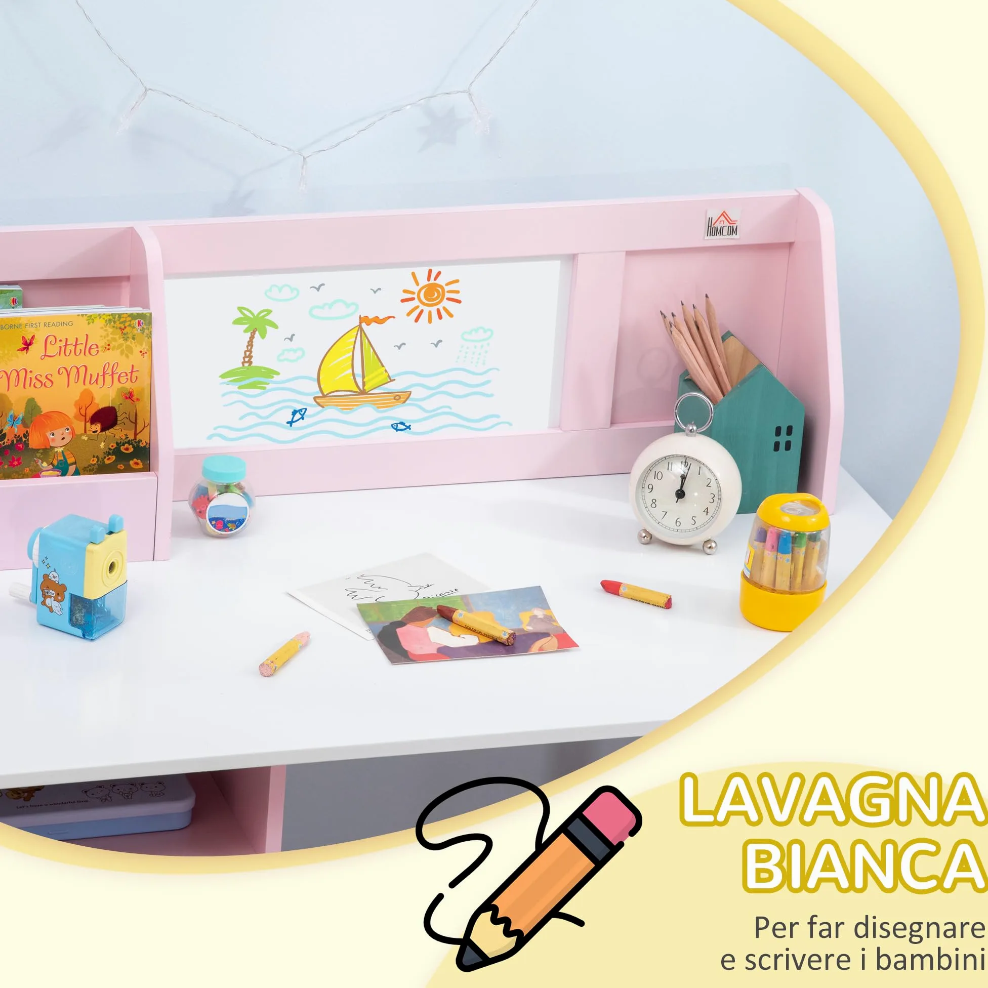 HOMCOM Set Tavolo e Sedie per Bambini 5-8 Anni in Legno con Banco Scuola, Set di Mobili per Bambini con Spazio Portaoggetti e Lavagna Bianca e Sedia, Bianco e Rosa