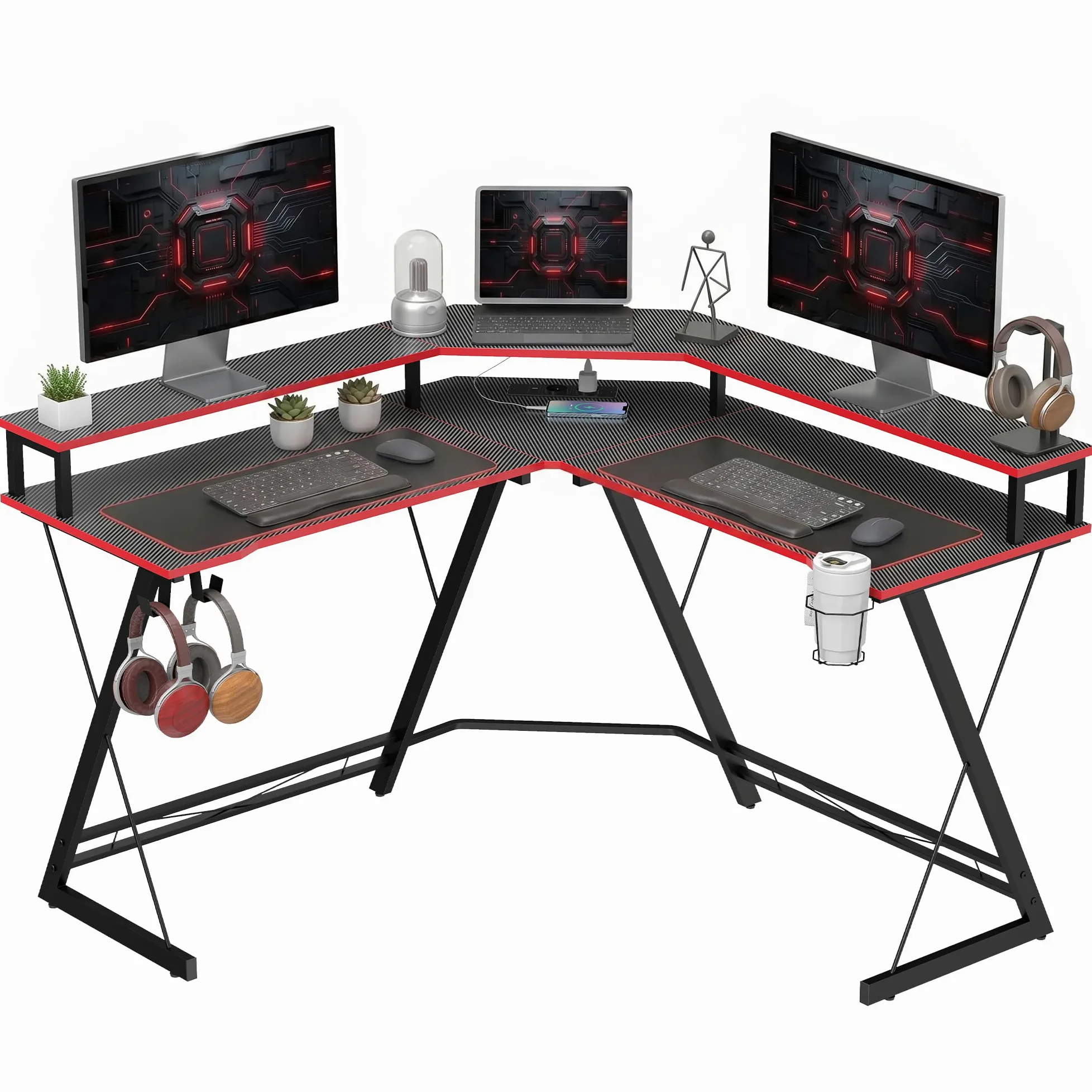 HOMCOM Scrivania Gaming Angolare Tavolo ad L 128x128cm Nero Carbonio | Stazione di Ricarica, Supporto per PC, Gancio per Cuffie, Portabicchieri, Computer Ufficio Studio