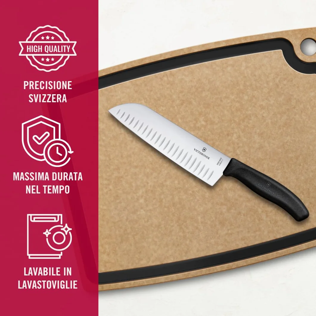 Victorinox Swiss Classic Coltello Santoku, Coltello in stile asiatico, Lama extra-affilata, Forma a bulbo, 17 cm, Acciaio inossidabile, Nero