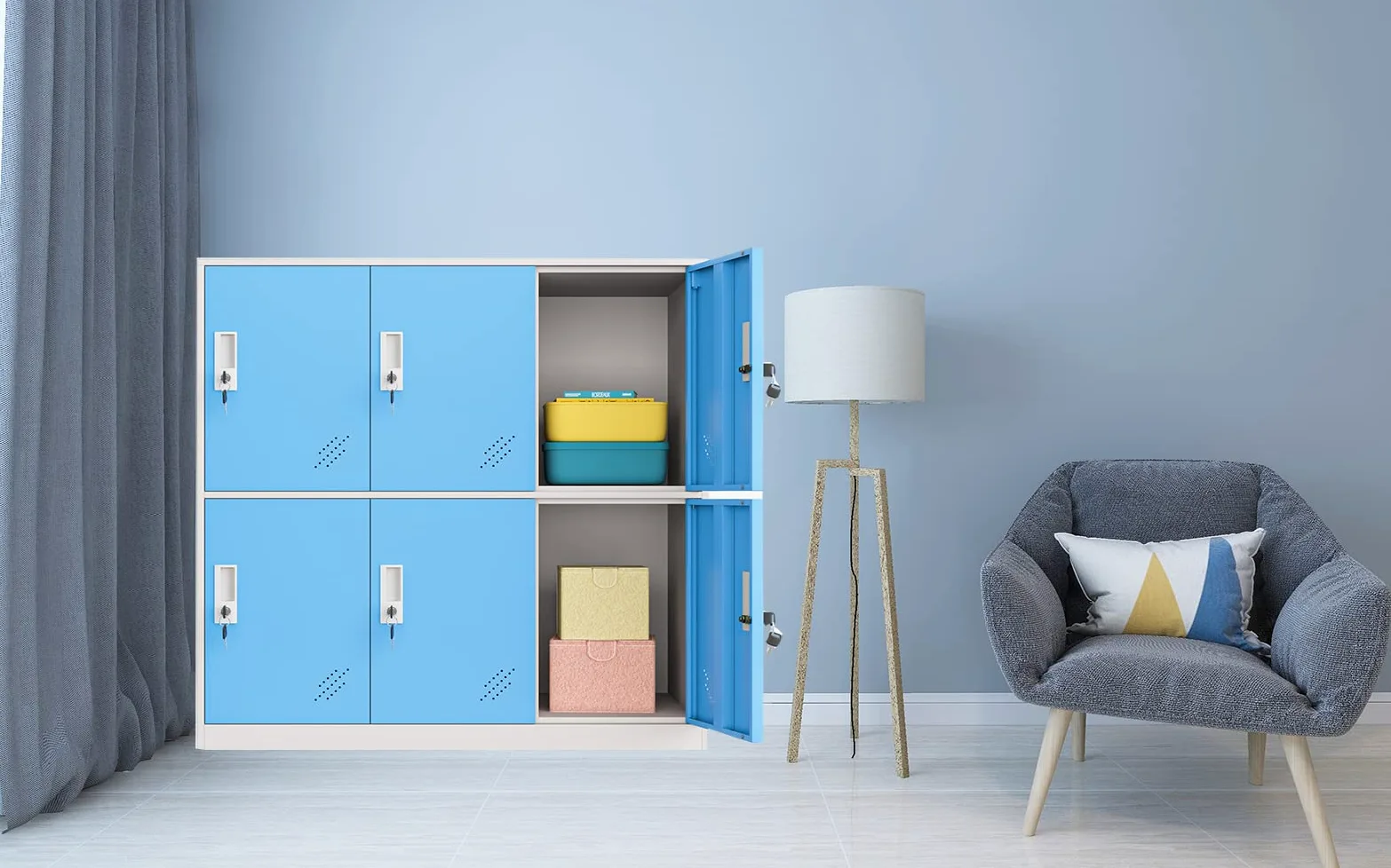 Armadietto in metallo a 9 ante, per salotto e scuola, per la casa, per ragazzi, stanza da letto e ufficio, con serratura, per vestiti, colore bianco, metallo, Blue, 6D