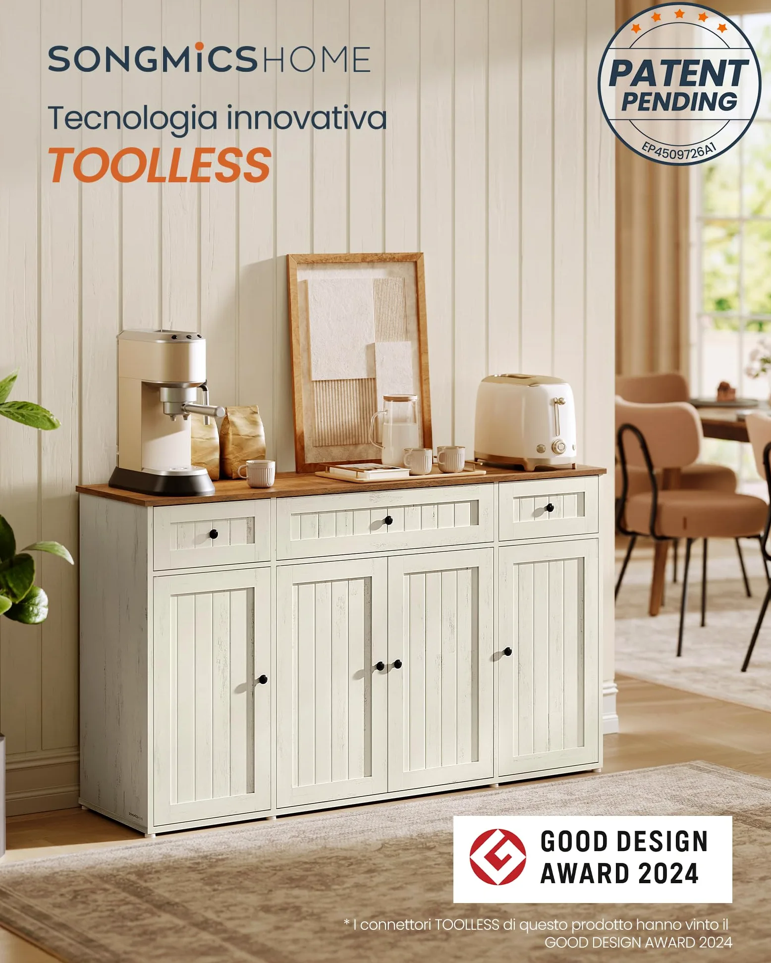 SONGMICS HOME Credenza Montaggio Rapido Senza Attrezzi Toolless, Montaggio Superveloce Senza Utensili, Mobile da Cucina con Piano, Buffet, Ripiani Regolabili, Bianco Vintage e Marrone Miele BBK376WJ02