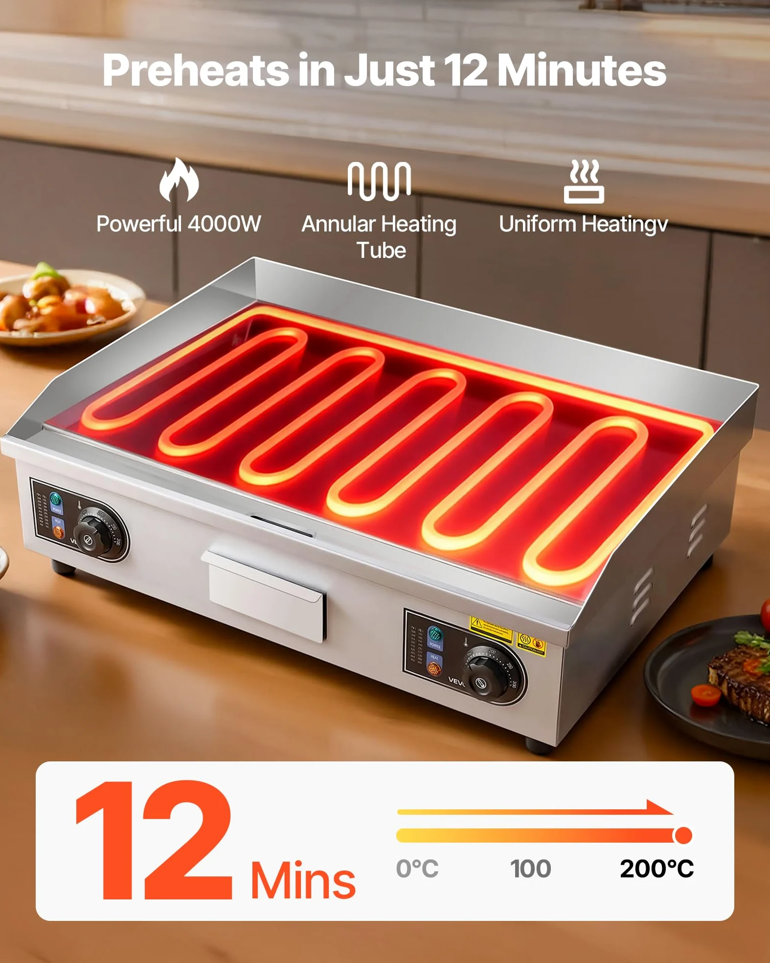 VEVOR Piastra per BBQ Elettrica Commerciale 655 x 400 mm 4000 W, Temperatura Regolabile, Griglia Piatta da Banco per Cottura BBQ Carne, Griglia da Banco con Accessori per Bistecche, Senza Spina