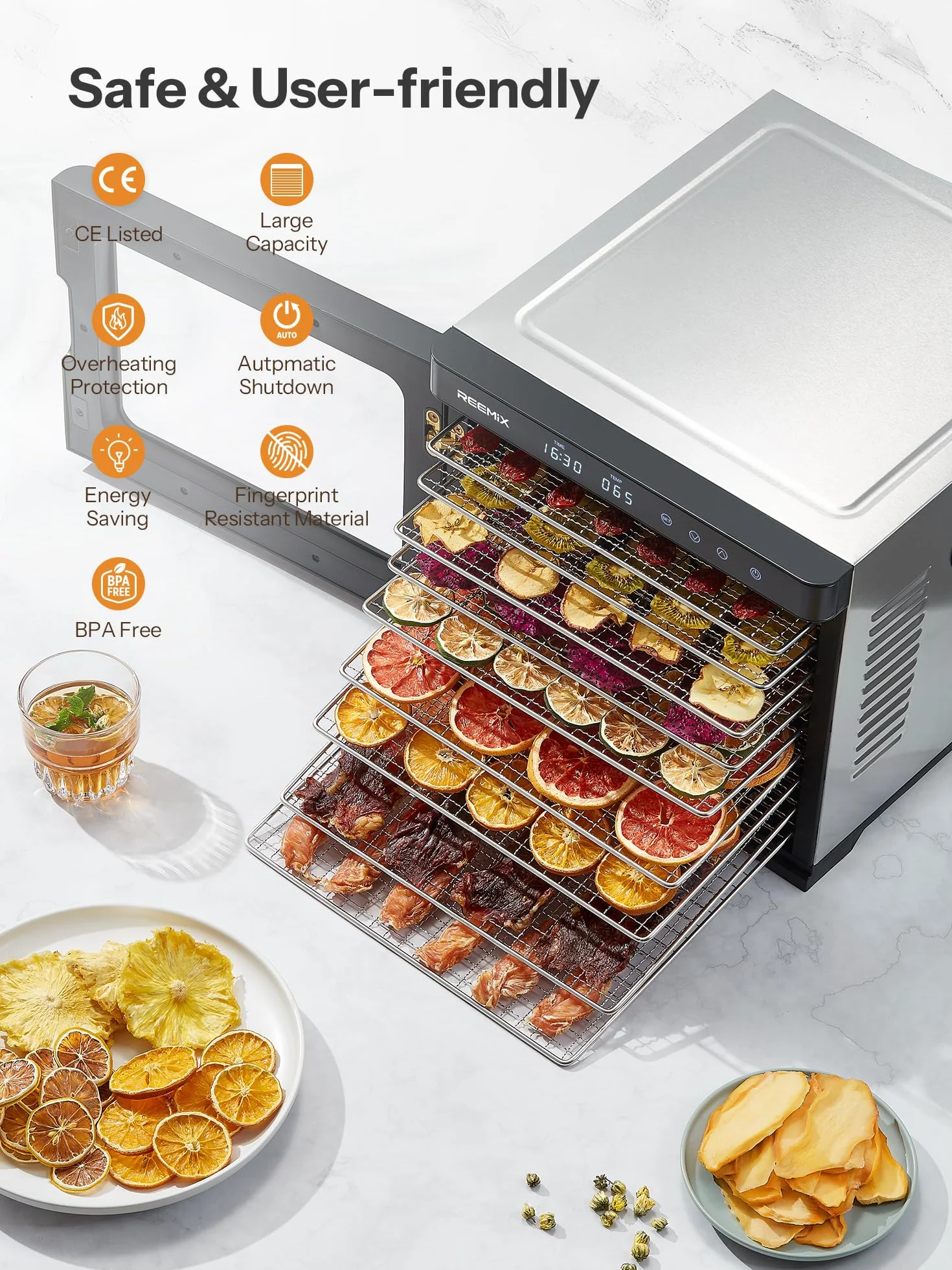 Essiccatore per alimenti in acciaio inox 1000W, controllo digitale, 9 vassoi, superficie 0,8 m², temperatura 30–75°C, timer 30 min–48h, display LCD touch