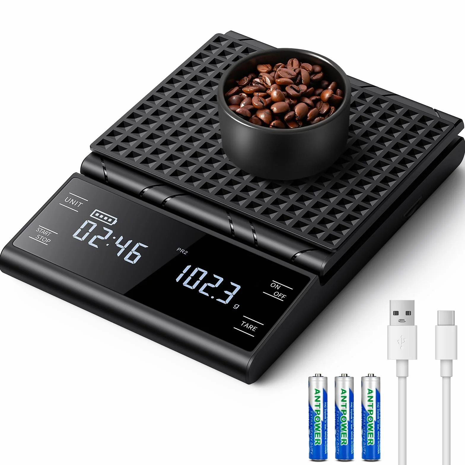 Bilancia da Caffè con Timer, Bilancia da Cucina Digitale Ricaricabile, Bilancia di Precisione da 5 kg/0,1 g per Espresso e Versamento, Bilancia da Caffè con Misurazione Automatica del Tempo