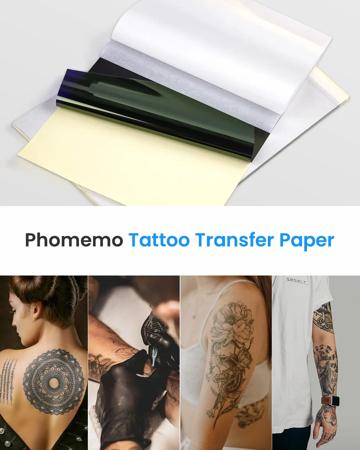 Phomemo M08F Tattoo Transfer Paper, Carta Termica Per Stencil Per Tatuaggi, Compatibile con M08F TP81 TP83 TP88 A886 A887 Stampante Stencil Tattoo, A4 8.27" x 11.69" (210x297mm), 100 fogli