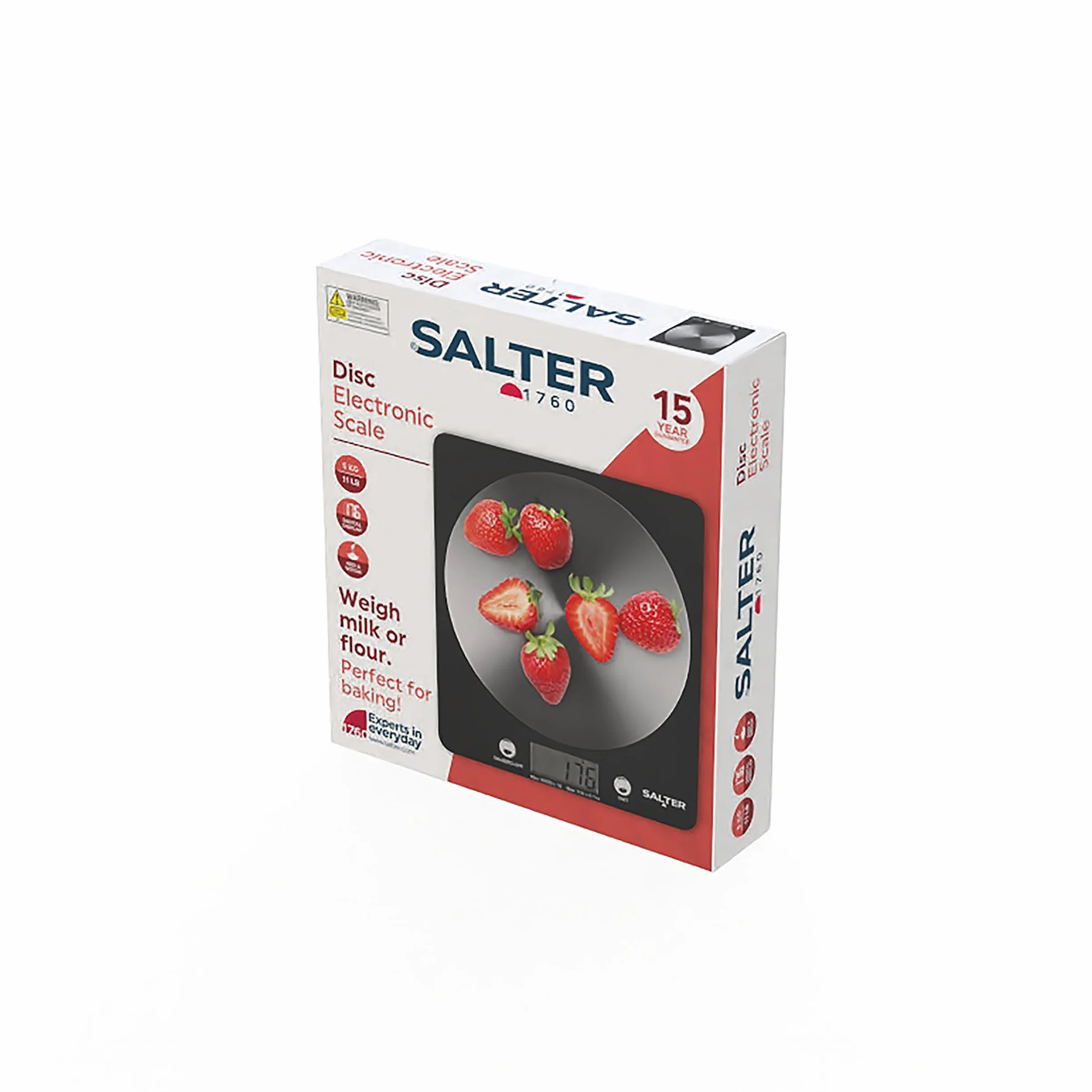 Salter 1036 BKSSDR - Bilancia elettronica a disco, vista in TV, design elegante e sottile, piattaforma in acciaio inox filato, aggiungi e pesa liquidi, capacità max di 5 Kg, Nero/cromato