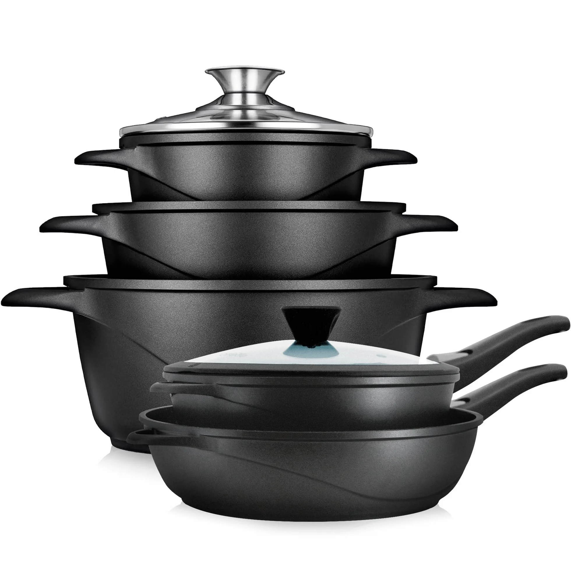 briebe Batteria da Cucina Induzione 10 Pezzi, set di 3 Pentole in Alluminio Fuso + 2 Padelle, Antiaderente ILAG GRANITEC senza PFOA, Coperchi in Vetro, Guanti in Silicone, Vetroceramica, Gas, Forno
