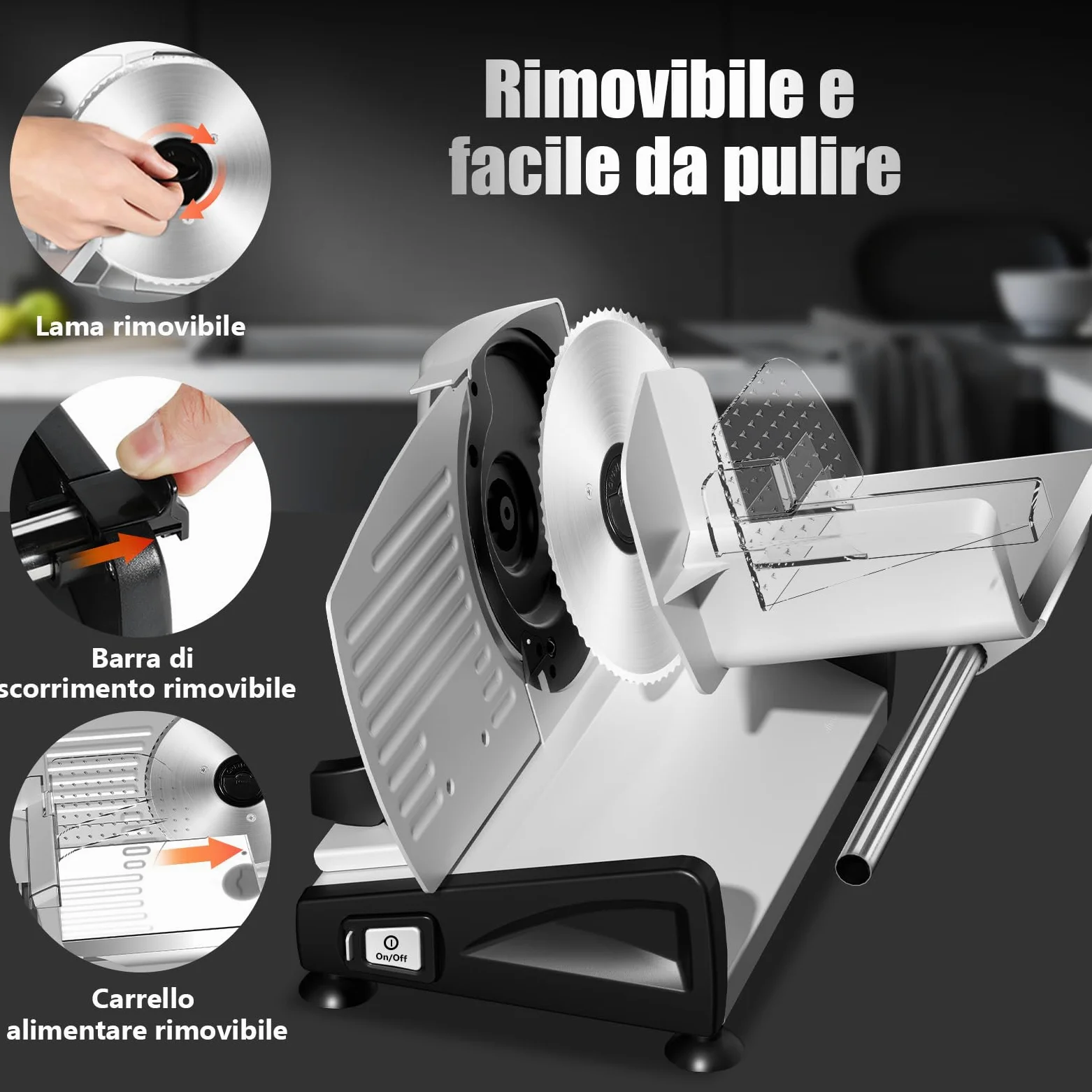 YASHE Affettatrice Elettrica Da Casa Con Motore DC Silenzioso, Affettatrice Professionale Per Prosciutto 200W, Lame In Acciaio Inox Doppie Da 19CM, Spessore Regolabile 0-15mm Per Carne Formaggio Pane