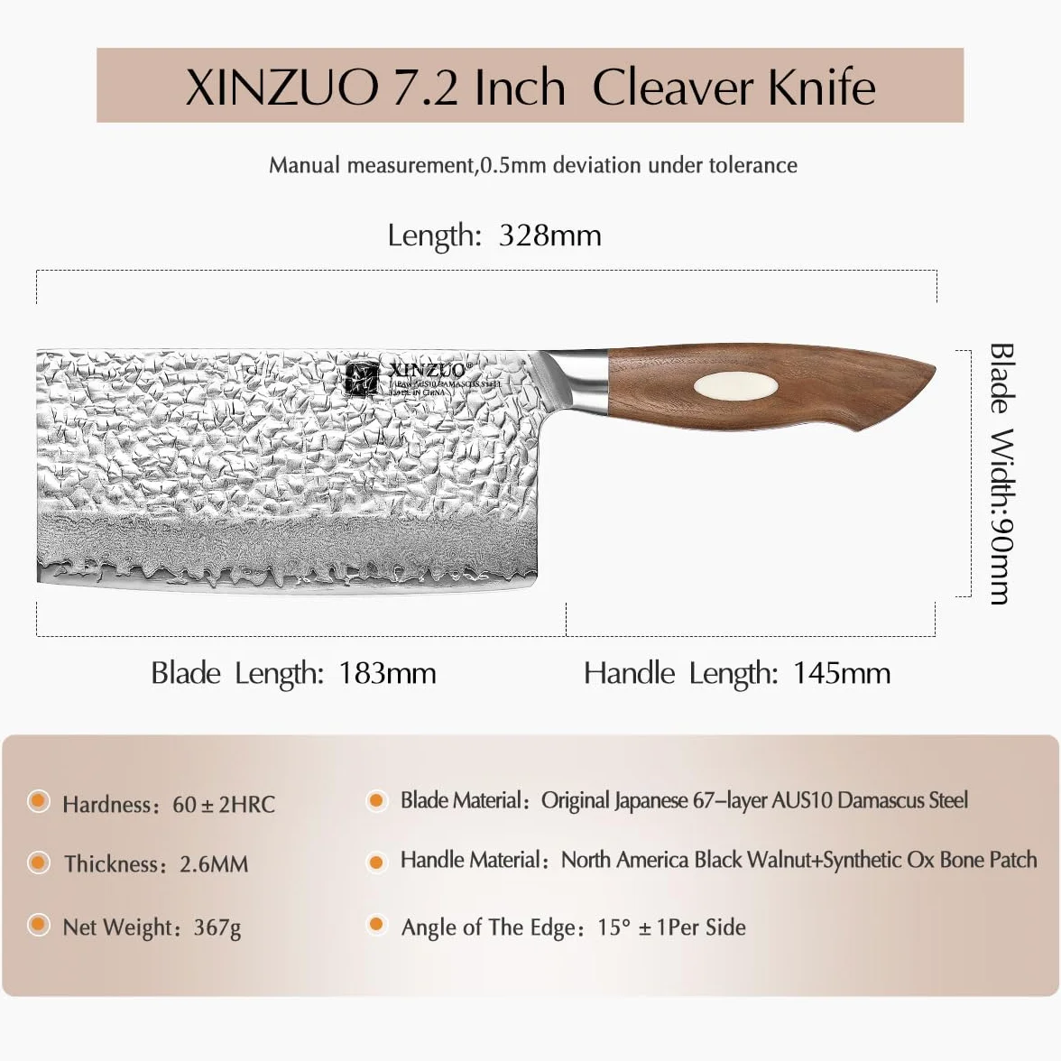 Coltello a Mannaia Damasco AUS-10 18.3cm - XINZUO Acciaio Giapponese