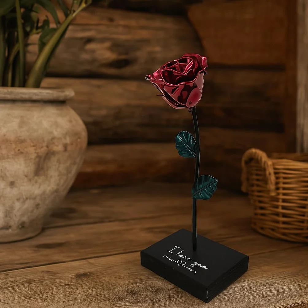 Forging Art Bcn® Rosa Eterna in Ferro Forgiato a Mano con Piedistallo - Edizione I Love You - Regalo Festa della mamma, San Valentino