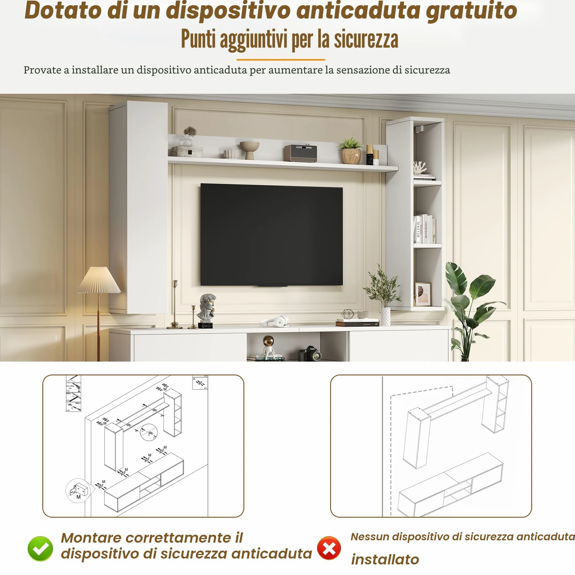 TIZZ Set da parete per TV, 180 x 35 x 33,5 cm, con vetrine (set completo, 4 pezzi), supporto per TV, mensola e 2 mensole da parete, set di mobili da soggiorno, TV in piedi e sospeso, TV fino a 80
