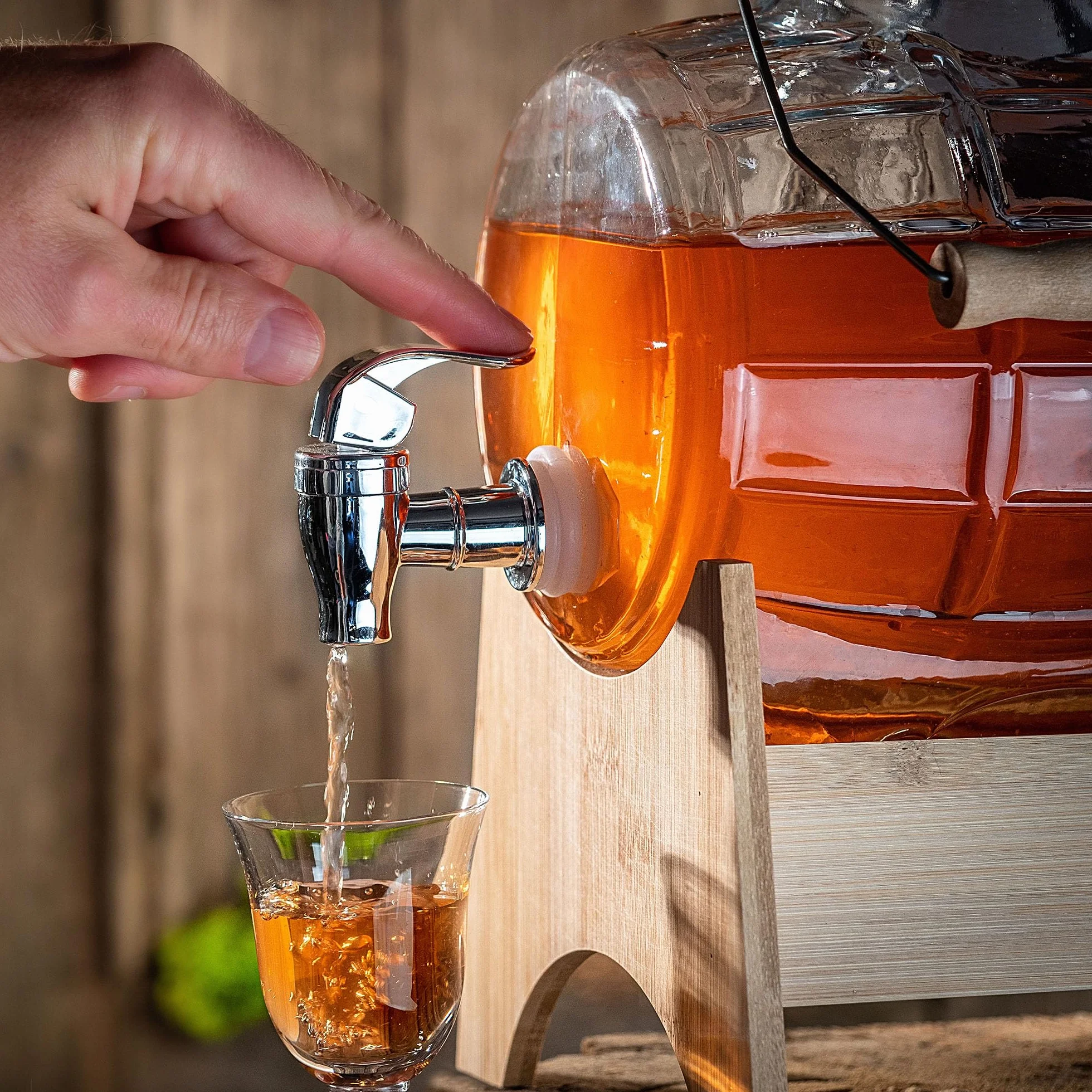 KADAX Barile con Rubinetto, Dispenser per Bevande in Vetro trasparente con Base in Legno (3 l)