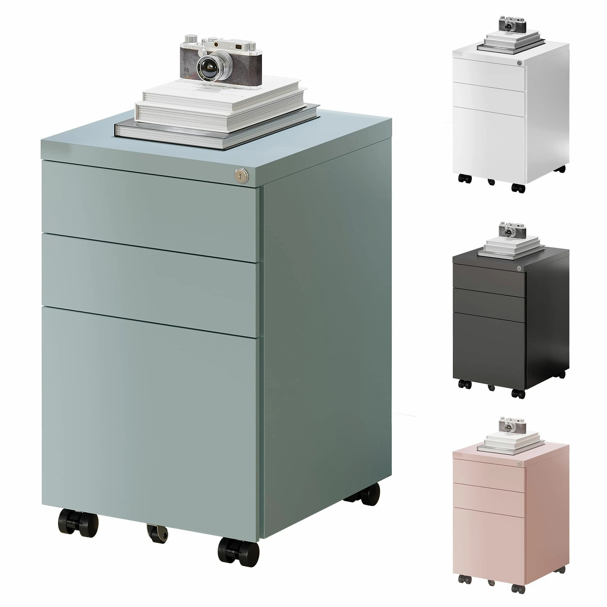 FLEXISPOT schedario con 3 cassetti, cassettiera da ufficio con ruote, armadietto con serratura e sistema anti-ribaltamento, mobiletto porta documenti per casa e ufficio, grigio blu