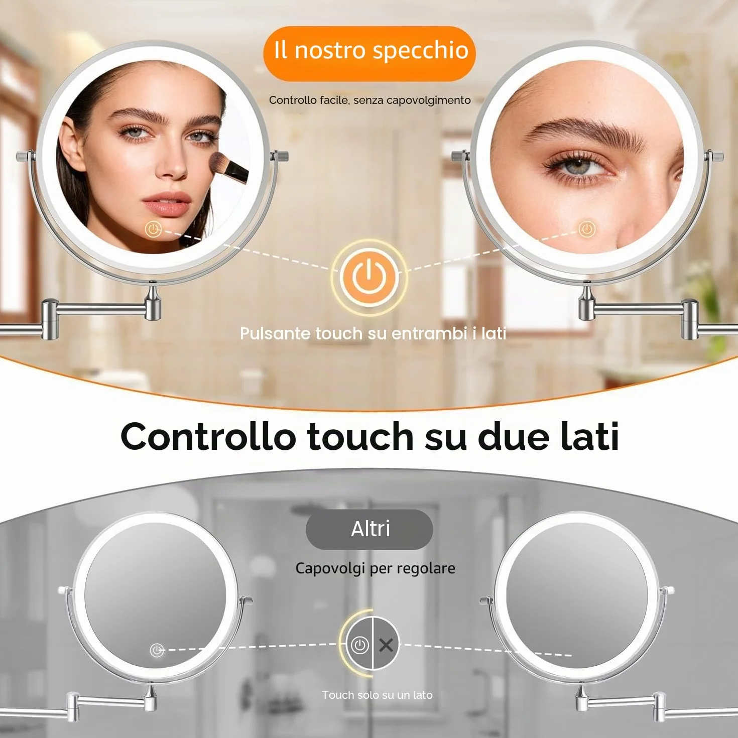 Auxmir Specchio Trucco con Ingrandimento 30X/1X, Specchio da Parete a 54 LED 3 Colori di Luce, Specchio Estensibile, Rotazione a 360°, Alimentato da Batterie Ricaricabile 3200mAh, per Bagno Hotel Spa