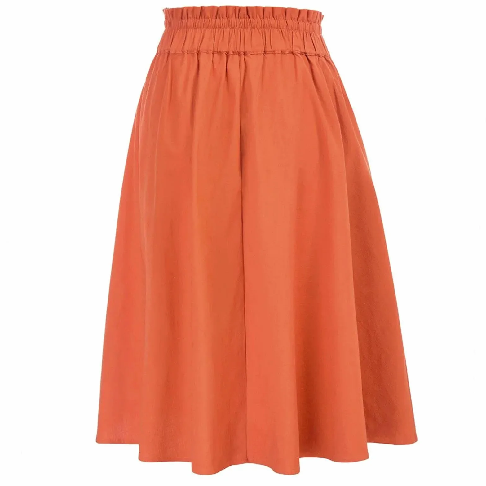 Gonna Longuette di Lino Casual Donna a Pieghe con Cravatta a Punto Smock e Tasche Vita Alta