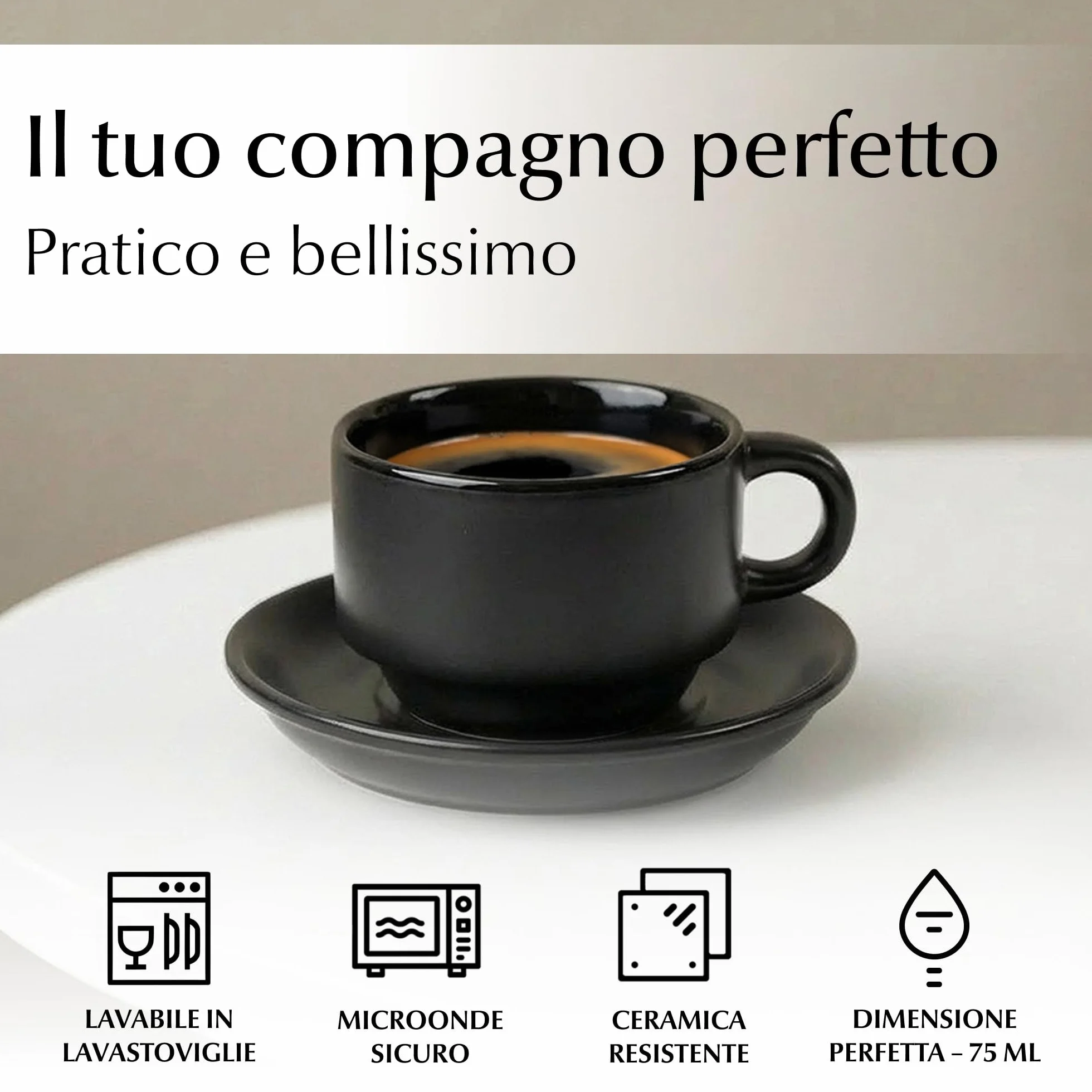 Le Papillon Collezione Set di Tazze da Caffè in Ceramica 6 x 75 ml Espresso Tazzina Impilabile Nero