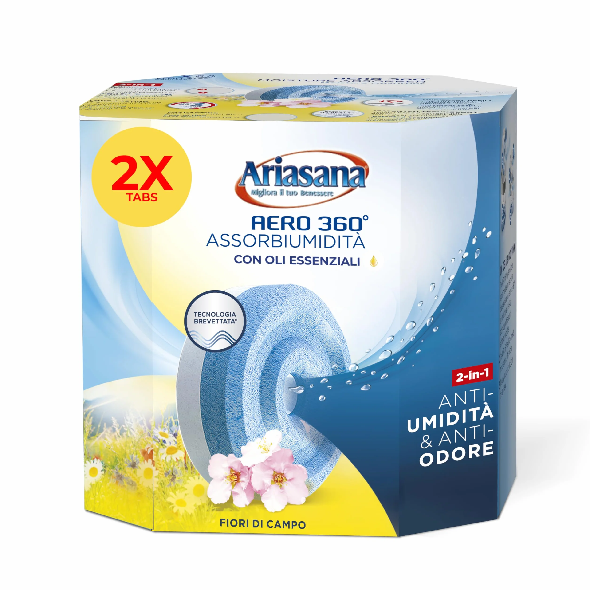 Ariasana Tab Fiori di Campo Bipack 2x450g, Ariasana Aero 360 Ricarica Antiumidità, Cattura umidità dal Profumo Floreale, Ricarica Aero 360 Tab a Lunga Durata, 1 Confezione da 2 Tab