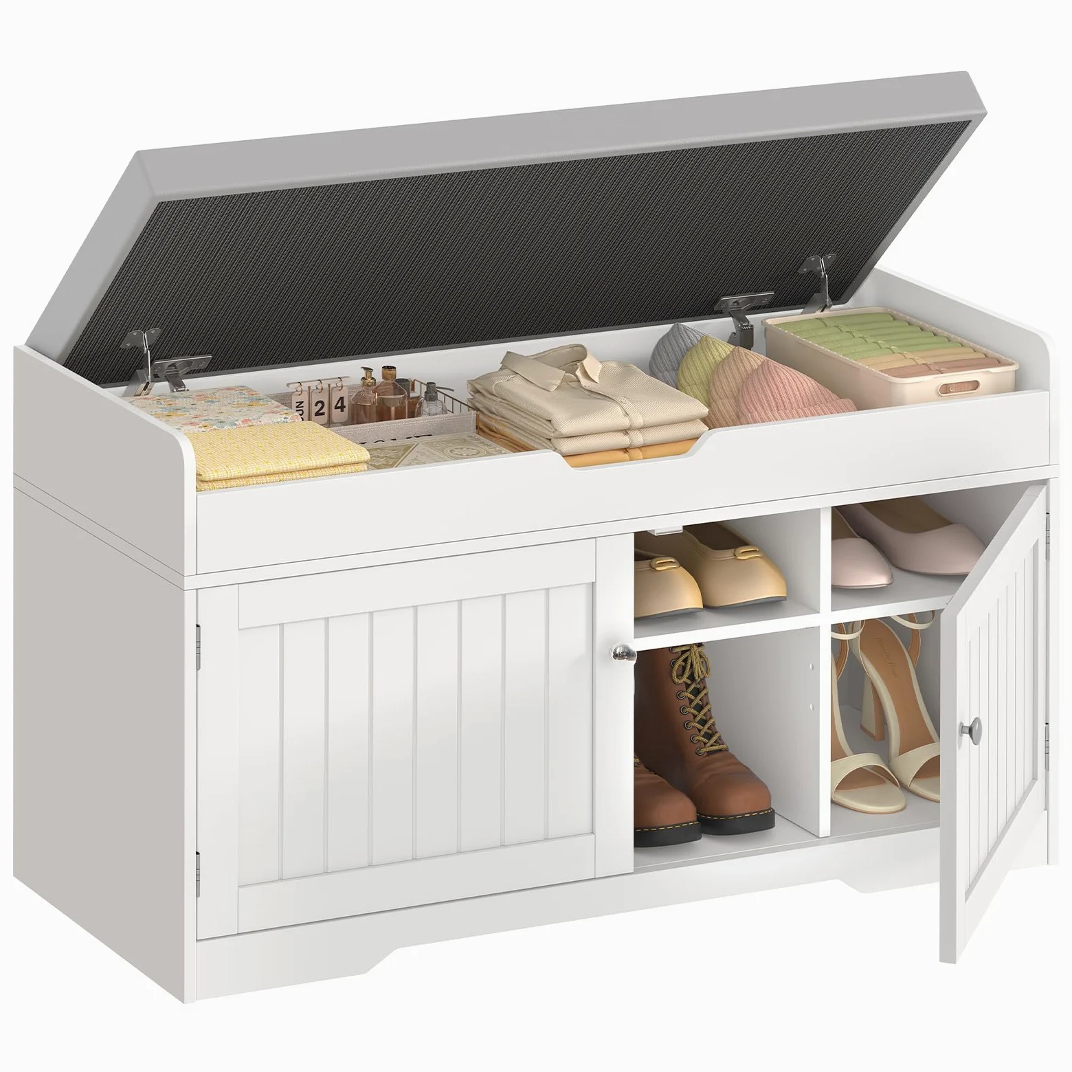 TEENFON 92cm Scarpiera Panca,Panca Contenitore con Cuscino,2 Ripiani Regolabili,Scarpiera per Ingresso, Camera da Letto,92x35x50cm (Bianco)