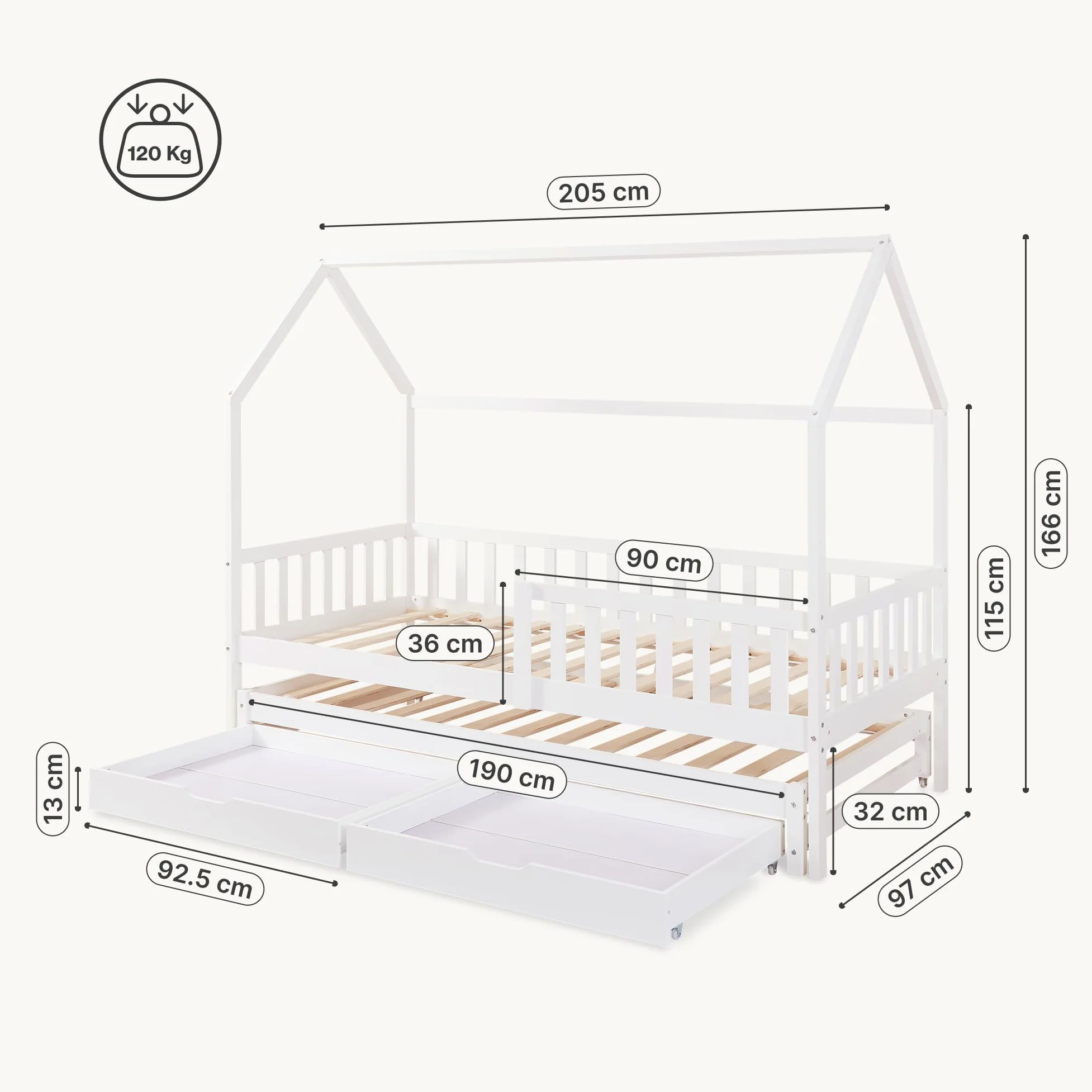 [en.casa] Letto per Cameretta a Forma di Casetta con Letto Estraibile Struttura in Legno di Pino a 2 Piazze con Barriera Anticaduta e 2 Cassetti 90x200 cm - Bianco