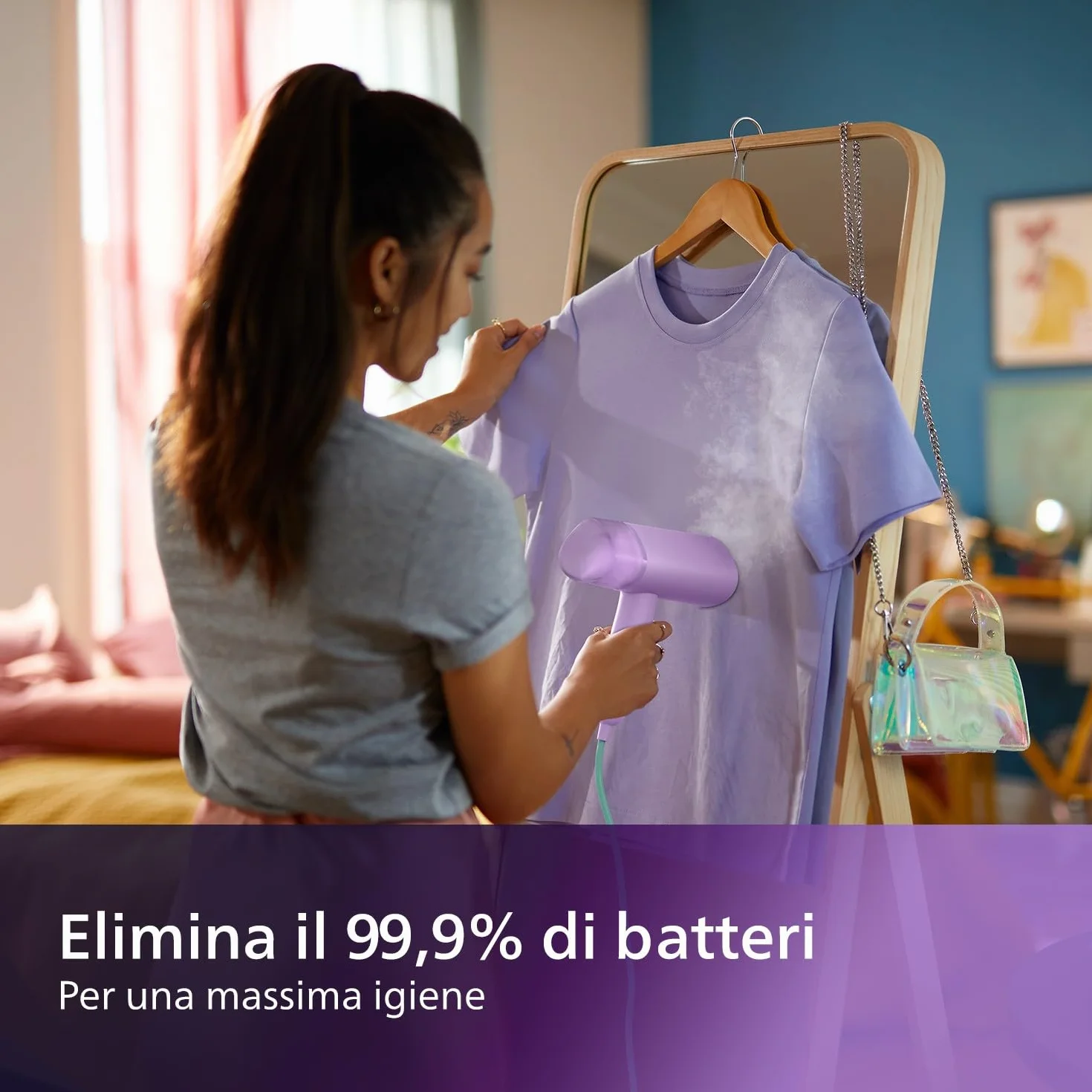 Philips Serie 3000 Stiratrice verticale a vapore,1000 W, 20 g/min di vapore, Serbatoio dell'acqua estraibile da 100 ml, Piastra in plastica, Custodia inclusa, solo 630g di peso, viola (STH3010/30)