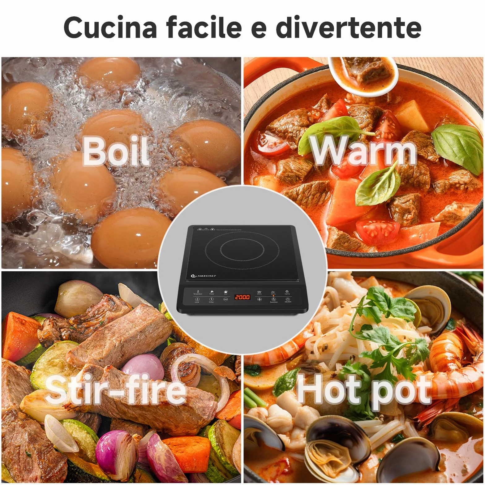 AMZCHEF Piastra a Induzione Portatile, 20 Impostazioni, Design Sottile, Ceramica Nera, Timer 3H