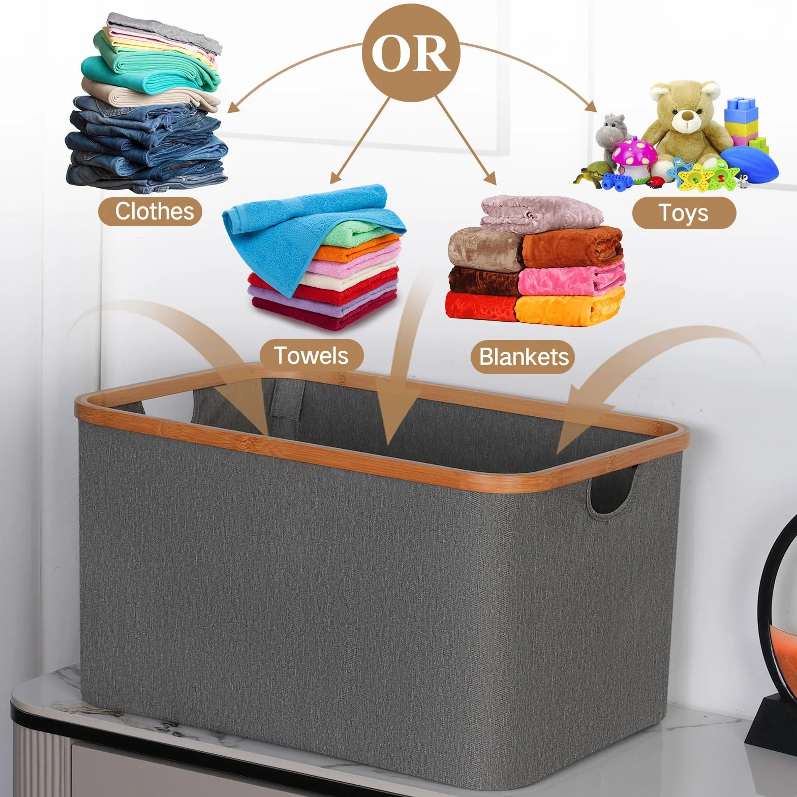 efluky Cesto Portabiancheria Pieghevole in Tessuto di Bambù 60L, Cesto Portaoggetti Versatile, Cesti Portabiancheria Sporco per Lavanderia e Camera da Letto Bagno (Grigio)