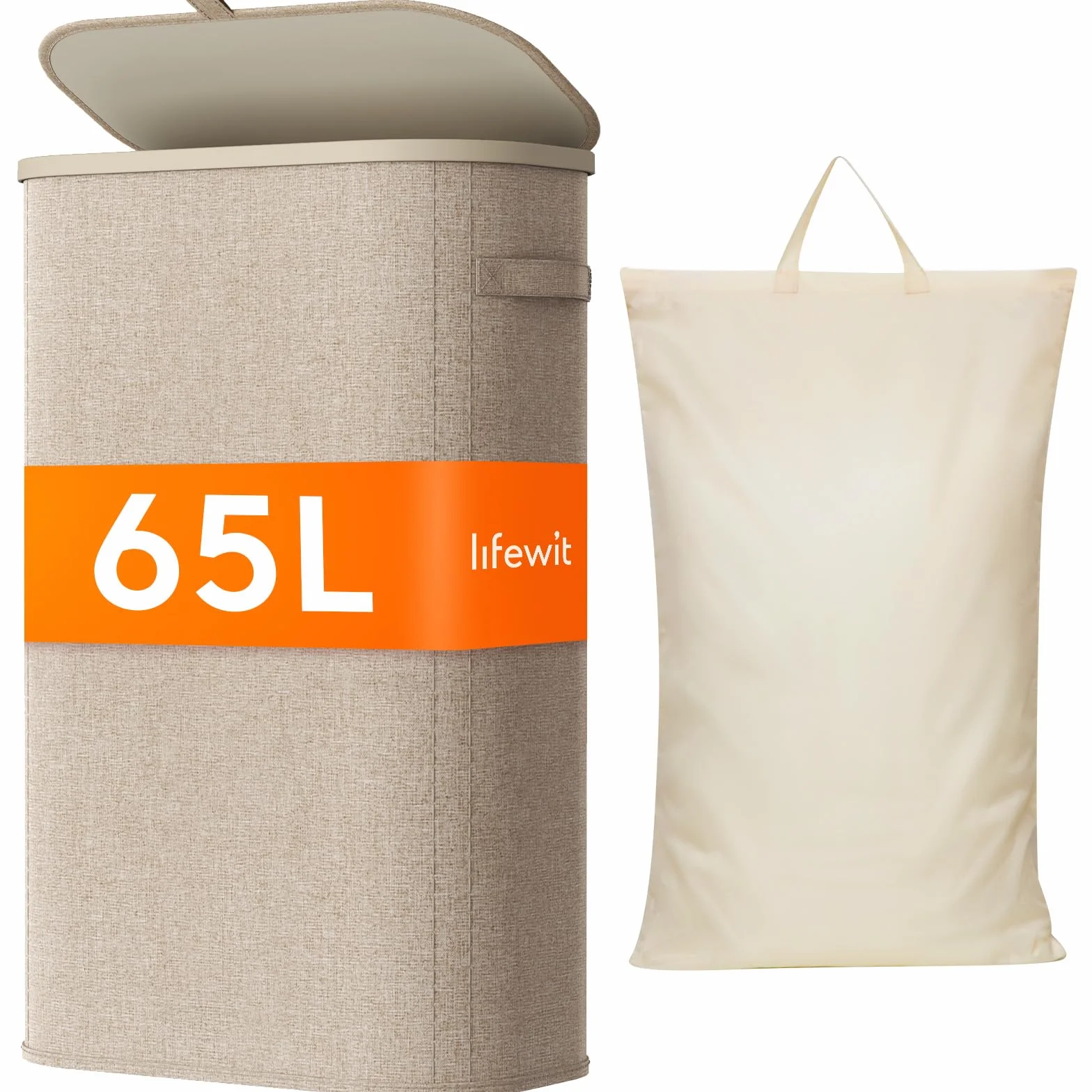 Lifewit Cesto Portabiancheria, Cesta Panni Sporchi con coperchio, Laundry Basket con Plastica Manici, Porta Biancheria Sporca per Bagno, Lavanderia, Camera da Letto, 65 L, Beige