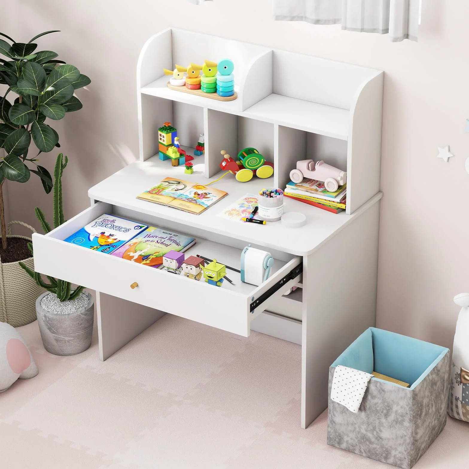 RELAX4LIFE Scrivania per Bambini con Spazio di Stoccaggio, Tavolo da Scrittura in Legno con Cassetto e Ripiano Aperto, Postazione di Lavoro per Studenti a Domicilio per Bambini 3+ (Bianco)