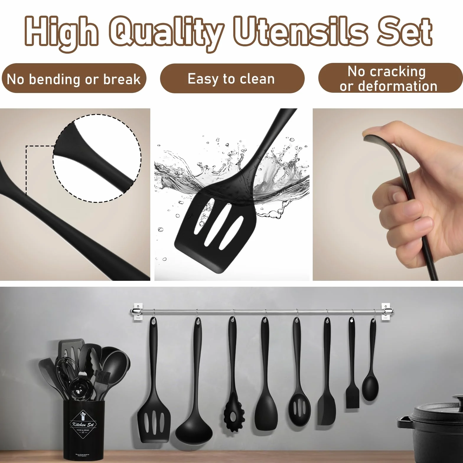 VINATO Set di Utensili da Cucina in Silicone, 12 Pezzi, Senza BPA, Nero