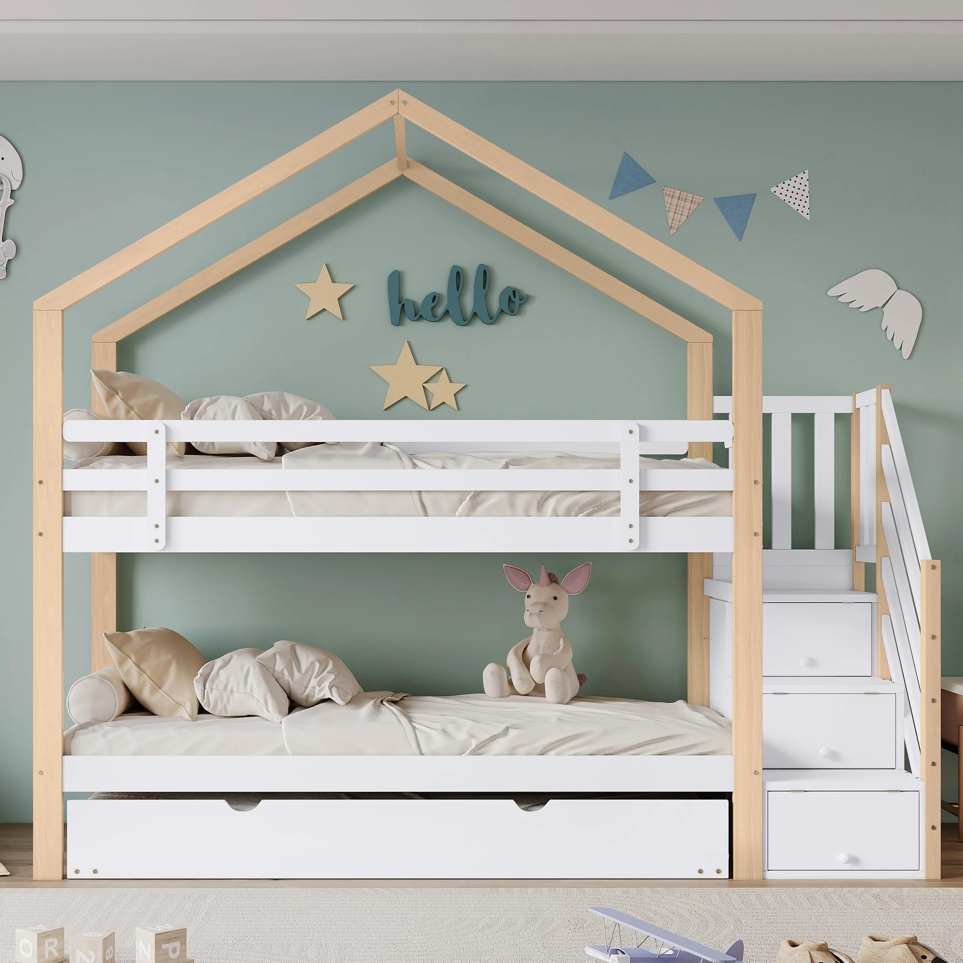 Rtopsu Letto per Bambini a Castello 90x200 cm con Letto Estraibile, Letto a Soppalco per Ragazzi con Scale e Contenitore Cassetti, Rete a Doghe in Legno, Bianco, Senza Materasso