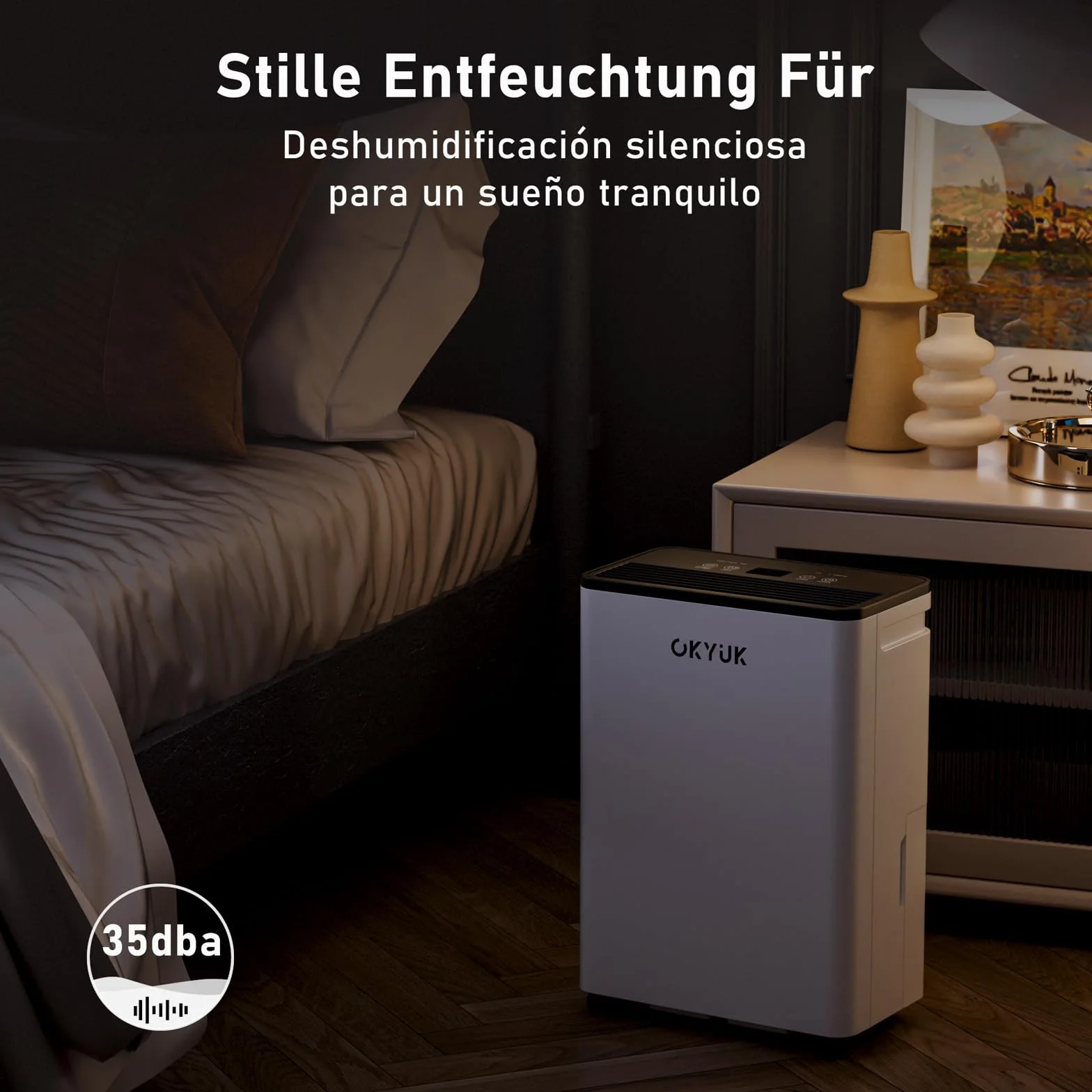 OKYUK Deumidificatore 12 litri/giorno, adatto per ambienti di circa 90 metri cubi (30 metri quadrati), Deumidificatore casa muffa, sbrinamento automatico, 32 dB, refrigerante R290, PD12R-03DE